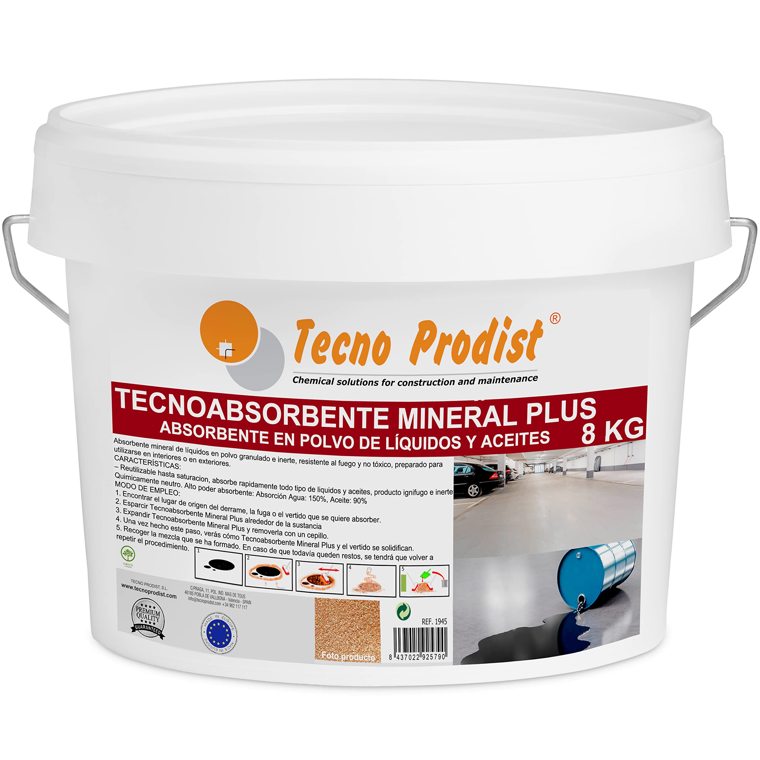 TECNO ABSORBENTE MINERAL PLUS de TECNO PRODIST - 8 kg - Control de derrames, absorción superior a la Sepiolita, Absorbente de aceite, agua, hidrocarburos, disolventes, interior y exterior, ignífugo