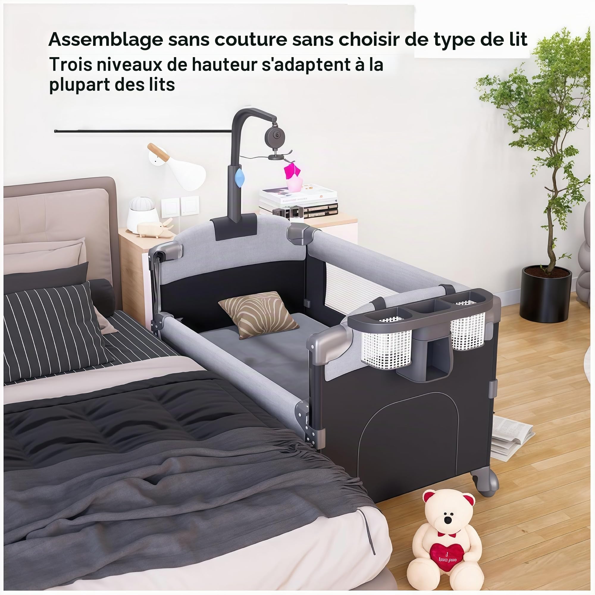 Lit Parapluie Bebe avec Matelas, Lit Bebe de Voyage Pliable et Convertible, Berceau Evolutif Next to Me, Berceau de Camping pour Enfant avec Moustiquaire (6602 Gris sans Filet)