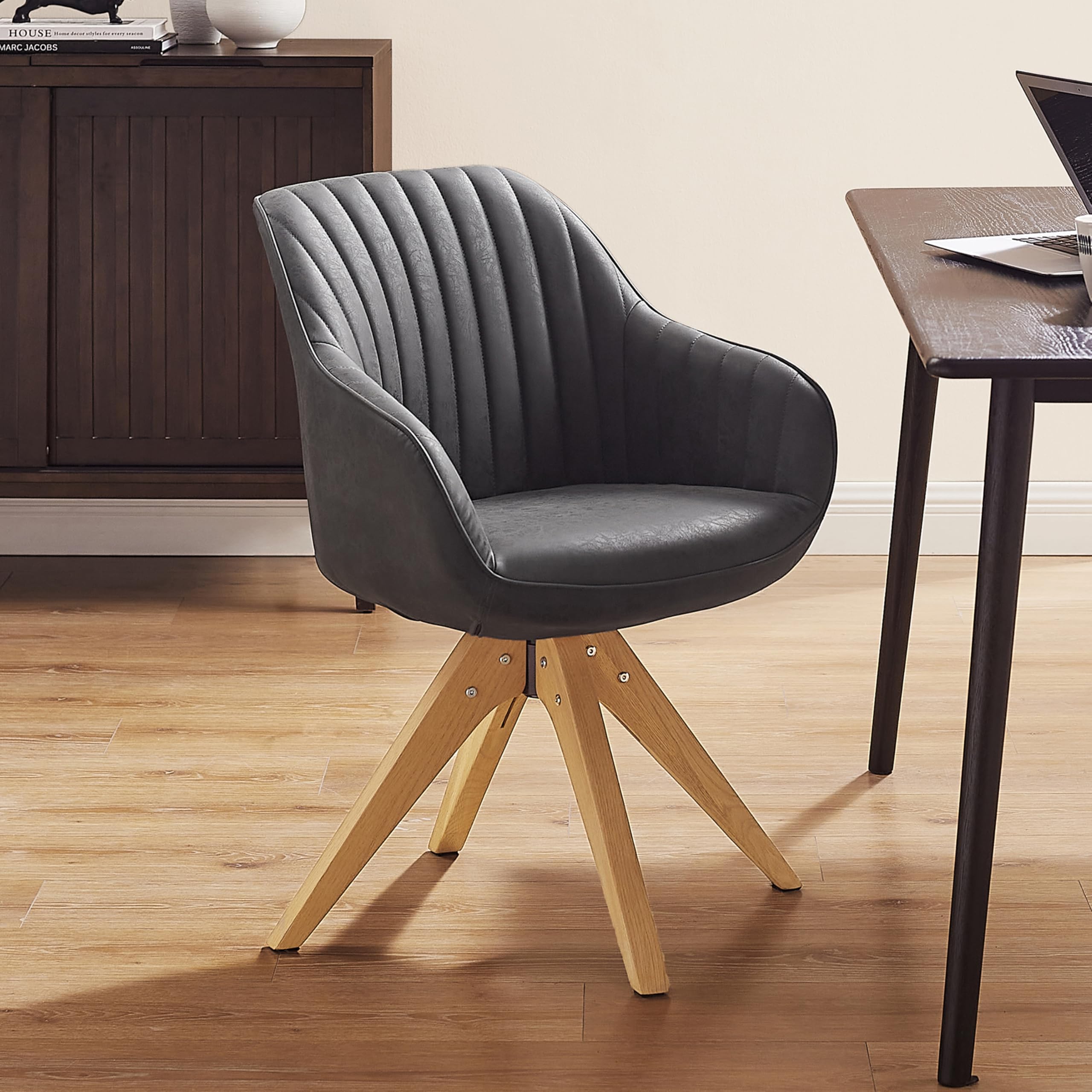 Art Leon Office Chair No Wheels, Mid Century Modern Desk Chair, Swivel Accent Chair with Oak Wood Legs, Faux Leather Upholstered Armchair for Desk,