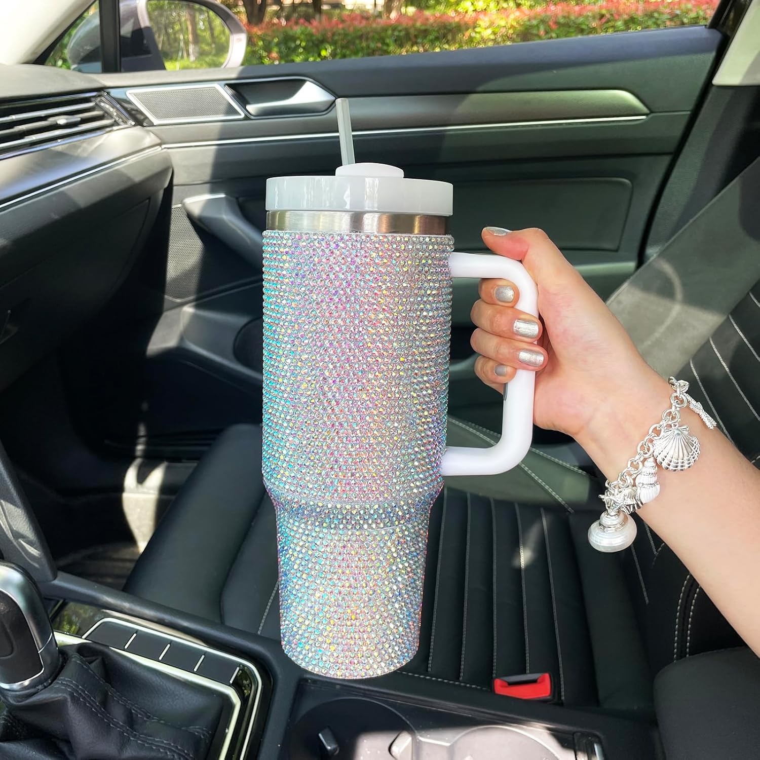 40oz Bling Tumbler with Handle and Straw Lid Rhinestone Studded Tumbler Cups Vacuum Insulated Stainless Steel Double Wall Water Bottle Travel Mug Gifts for Women Her (Polar Light) - Image 5