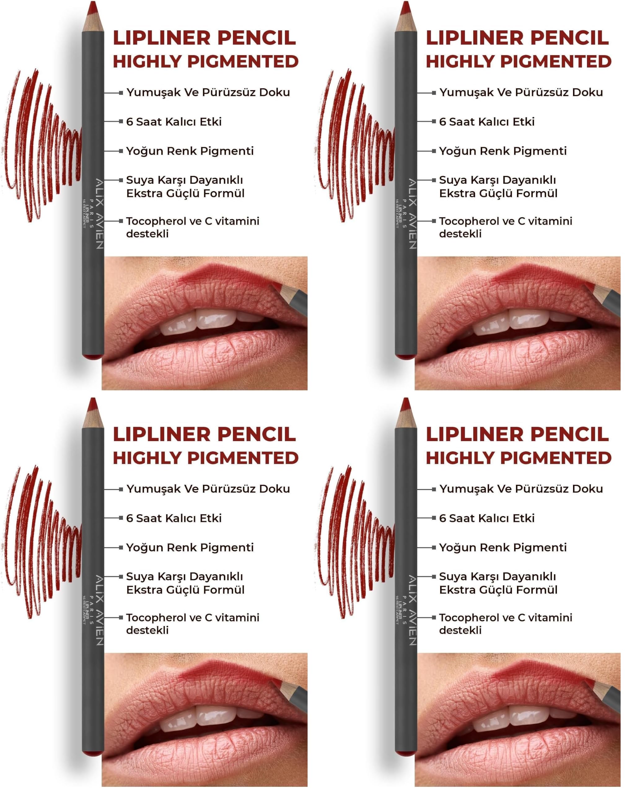 ALIX AVIEN Uzun Süre Kalıcı Dağılma Yapmayan Nemlendirici Dudak Kalemi - Lipliner Pencil 16 Red Carpet (4 paketi)