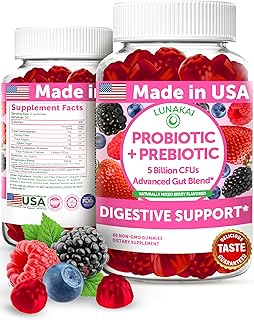 Lunakai USA Made Prebiotic + Probiotic Gummies for Women and Men - High Potency 5 Billion CFUs with Fibers - Non-GMO Gut Health Support 60ct