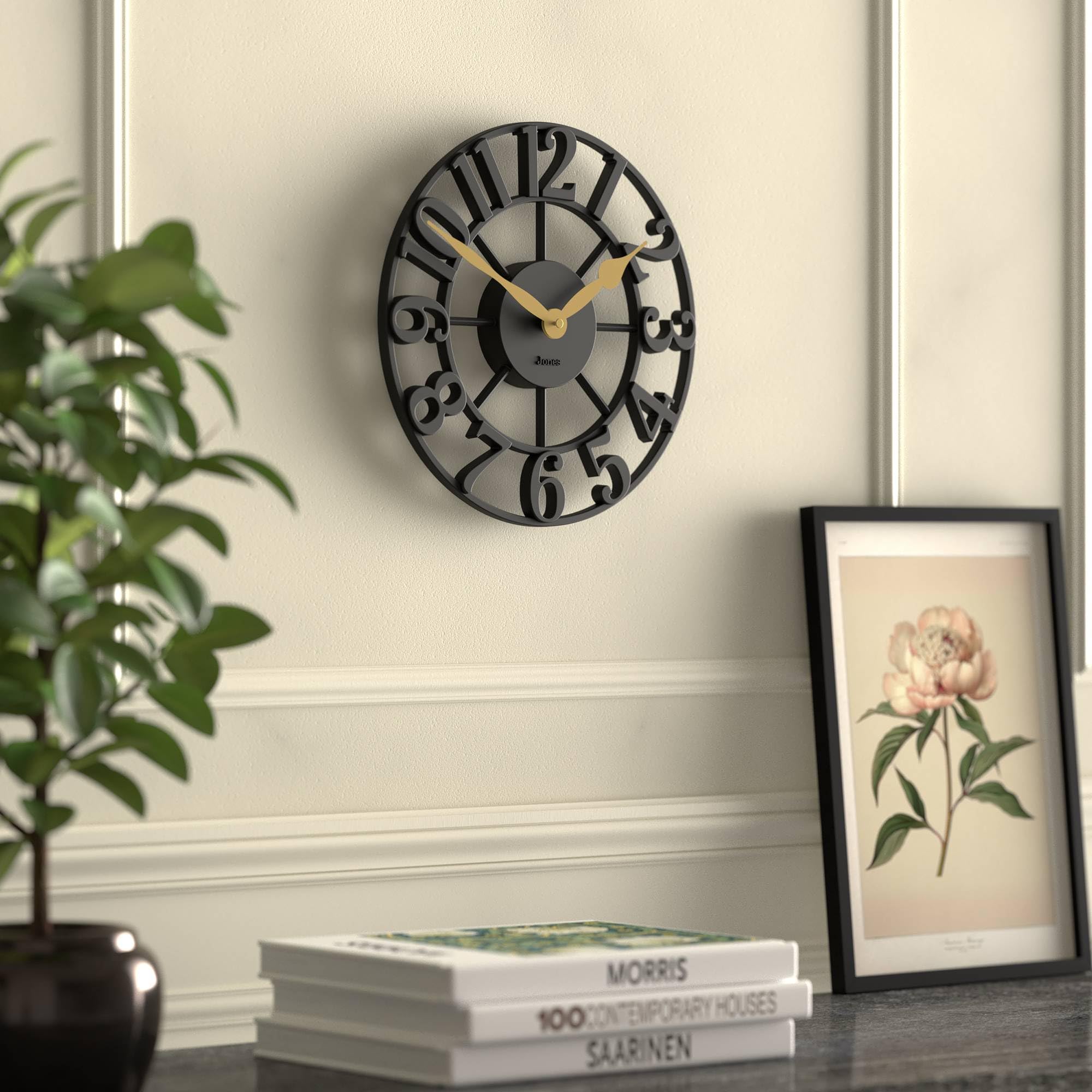 JONES CLOCKS® Lighthouse Reloj de Pared | Reloj Esqueleto escultórico | Negro | Elegantes números en Relieve Moldeados | Diseño Decorativo Ideal para Cocina, salón o Dormitorio