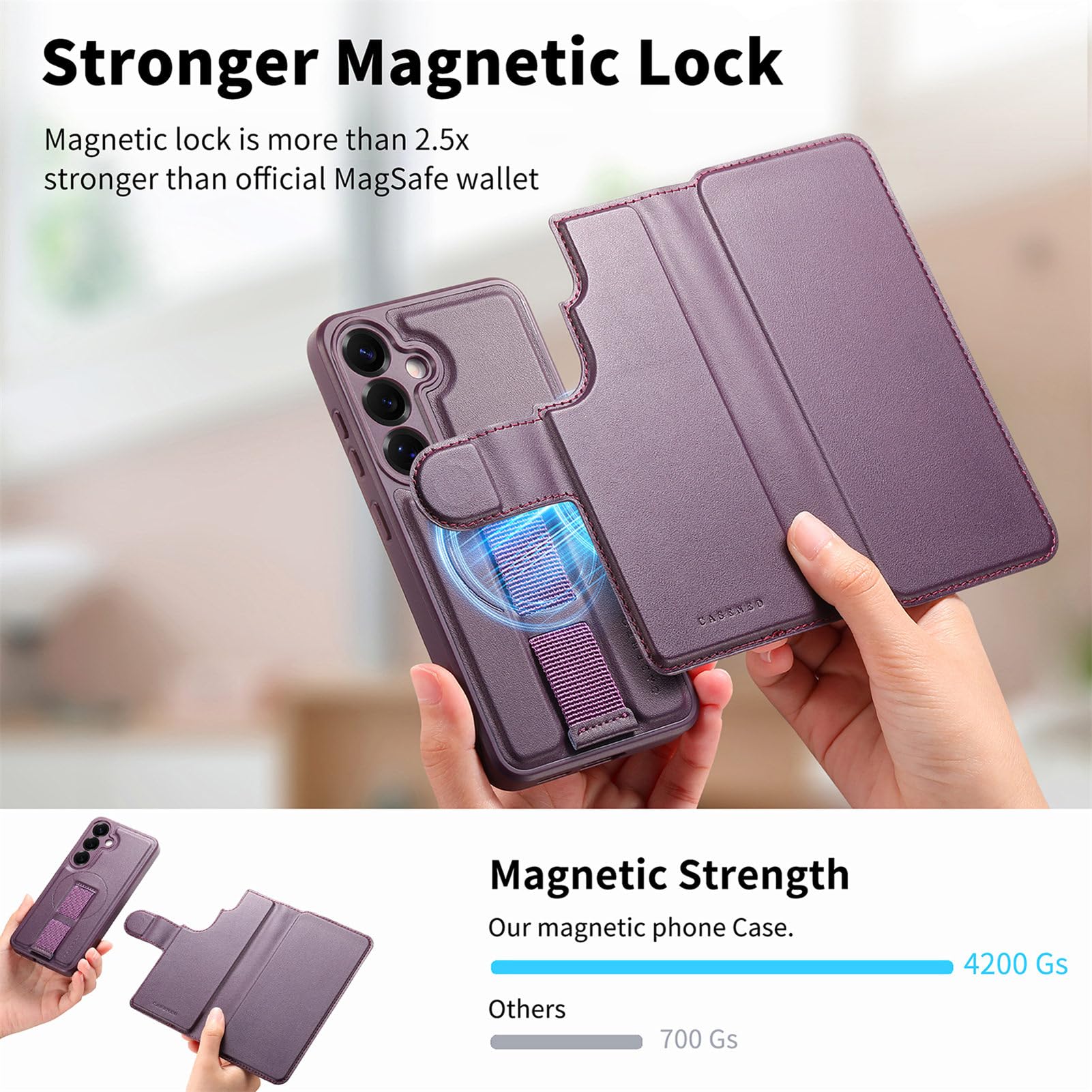 COQUE Magnetyczne etui do Samsung Galaxy S26 Plus z elastycznym paskiem na nadgarstek, wbudowaną przegródką na kartę i regulowaną podstawką, odporne na wstrząsy etui ochronne - fioletowe