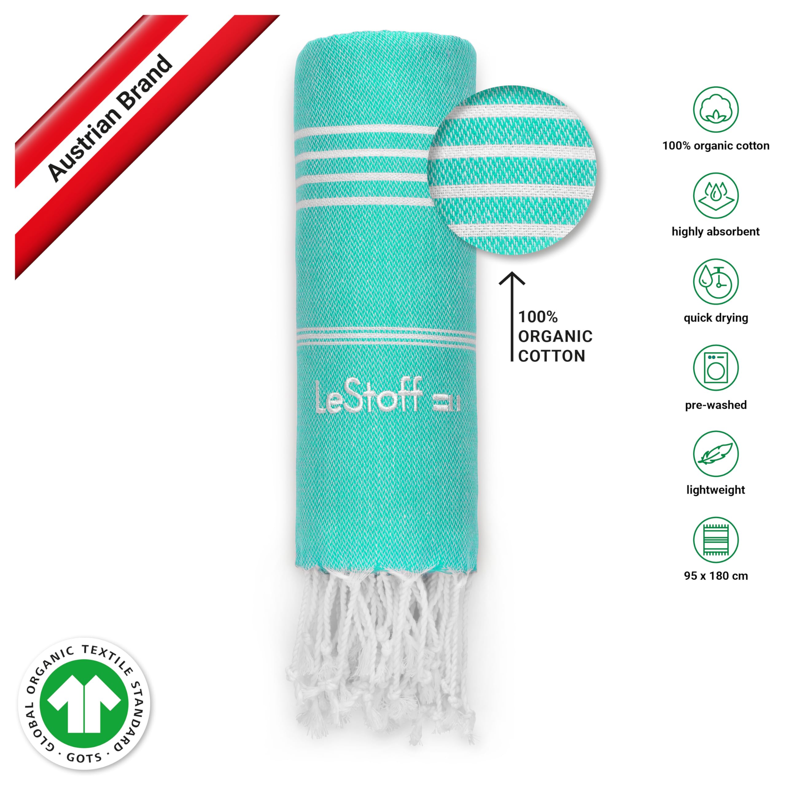 LeStoff Premium Hammam Towel (Set of 2), 100% Organic Cotton, Pre-washed Sustainable Absorbent & Quick-Drying, Beach, Bath - Image 3