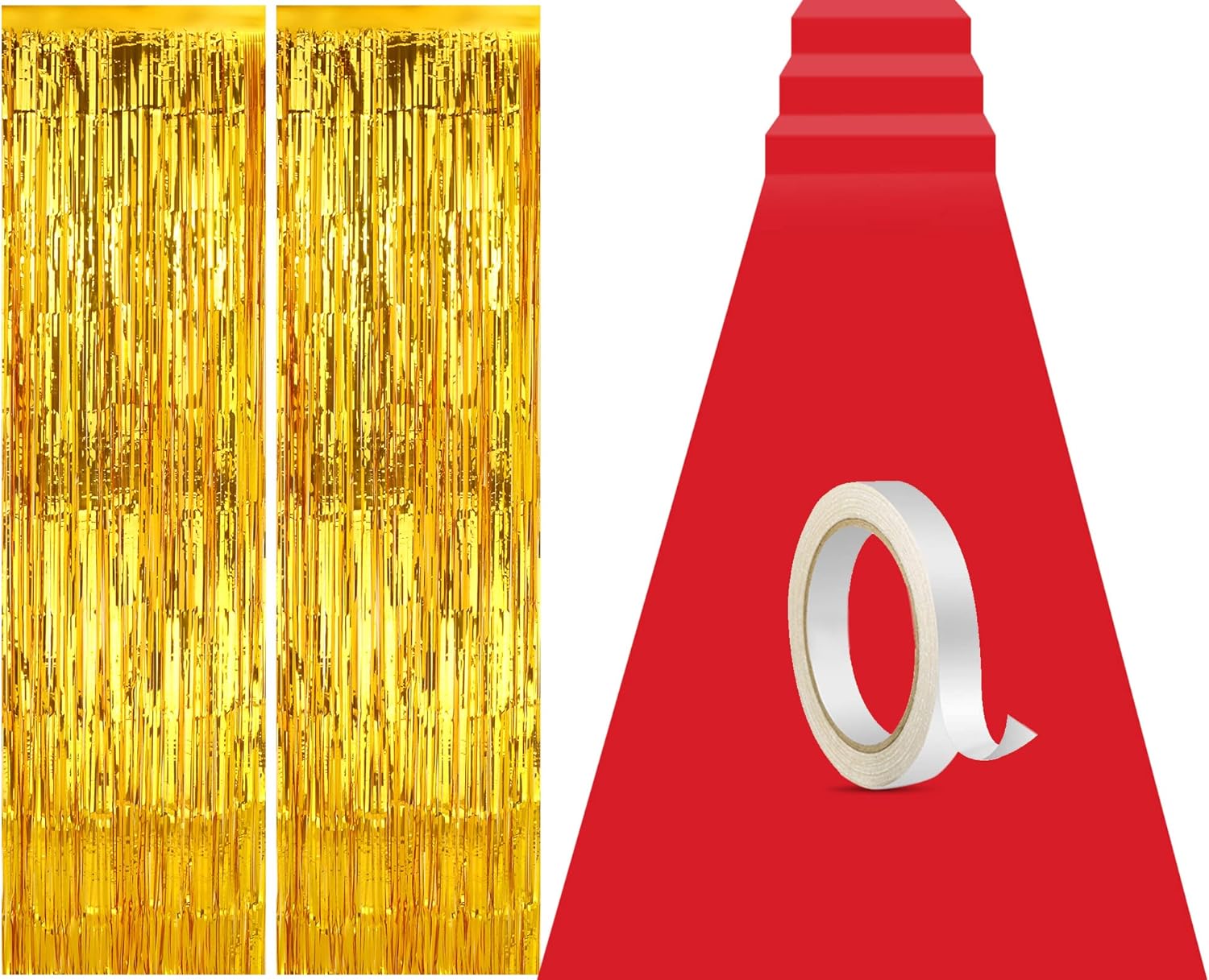 Tegeme Carpet Runner Aisle 2.6 x 30 Feet with Carpet Tape and 4 Pieces of 8.2 x 3.2 Feet Metal Tinsel Tassel Curtains for Halloween Birthday Wedding Party Decoration (Blue)