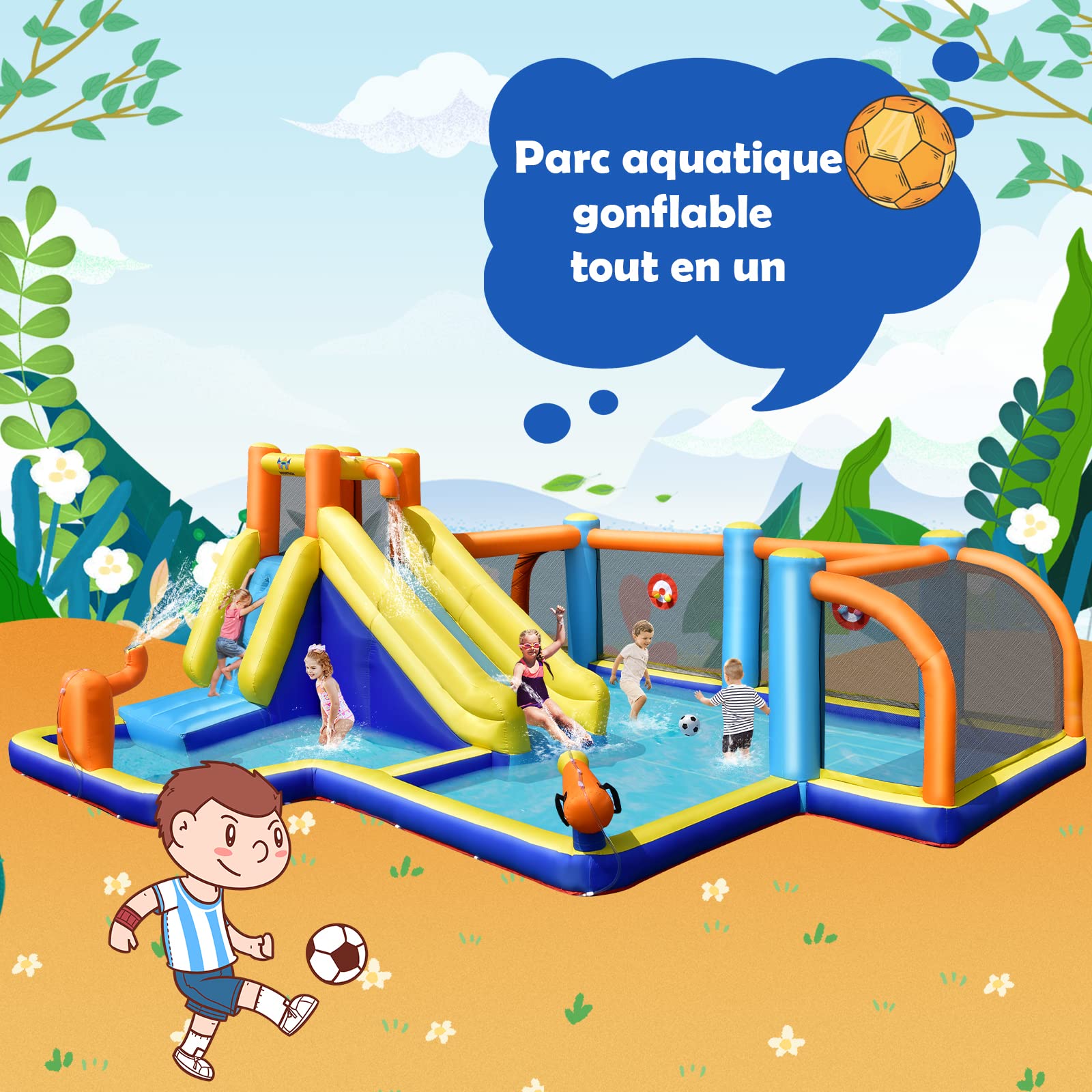 GOPLUS Château Gonflable XXL avec Souffleur 680W Toboggan Aquatique