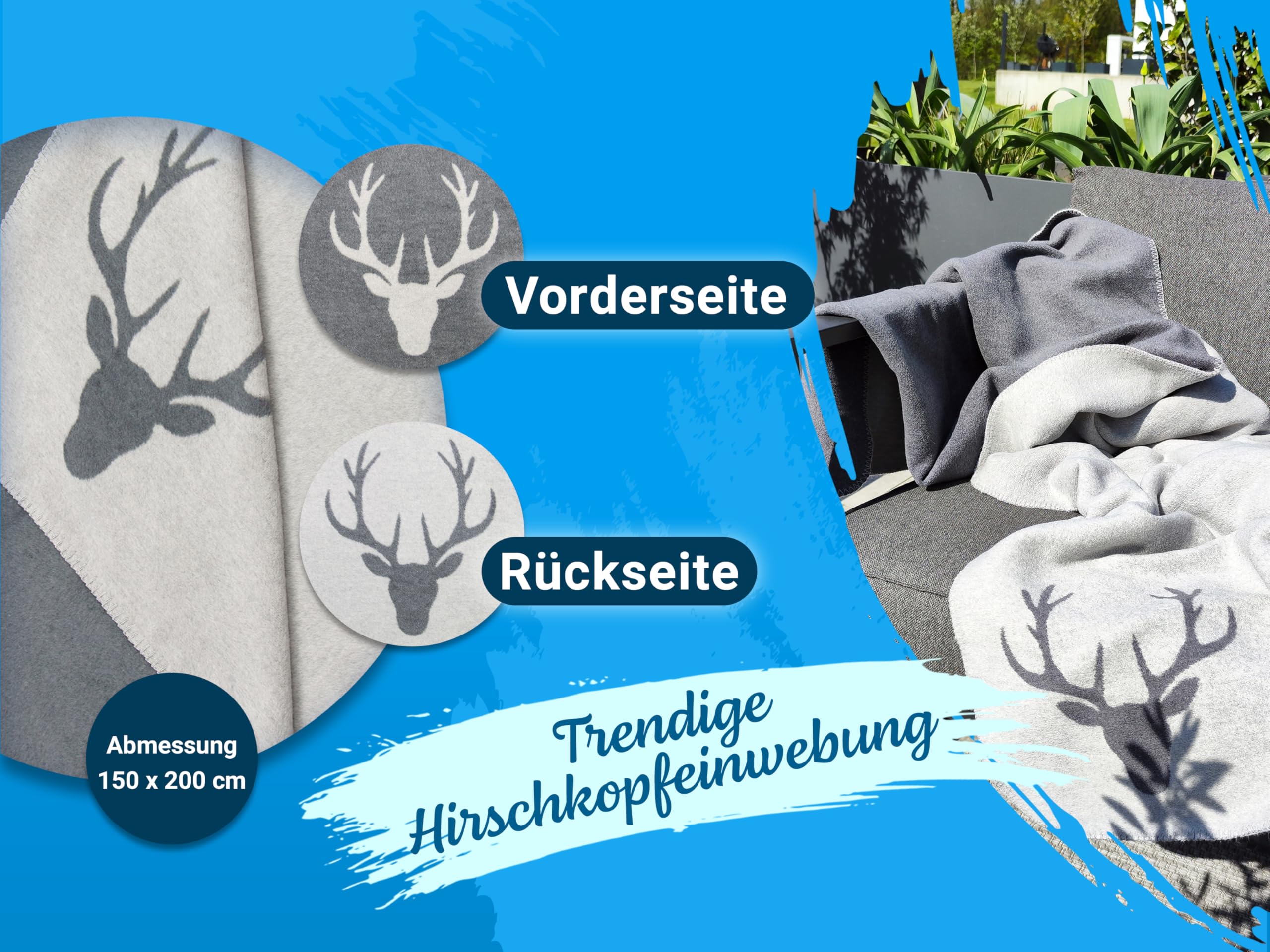 ZOLLNER Kuscheldecke in 150x200 cm - Flauschige und weiche Wendedecke in Zwei schlichten Farben - Trendige Hirschkopfeinwebung in grau - Mischgewebe - waschbar bis 40°C – Oeko Tex® Zertifiziert