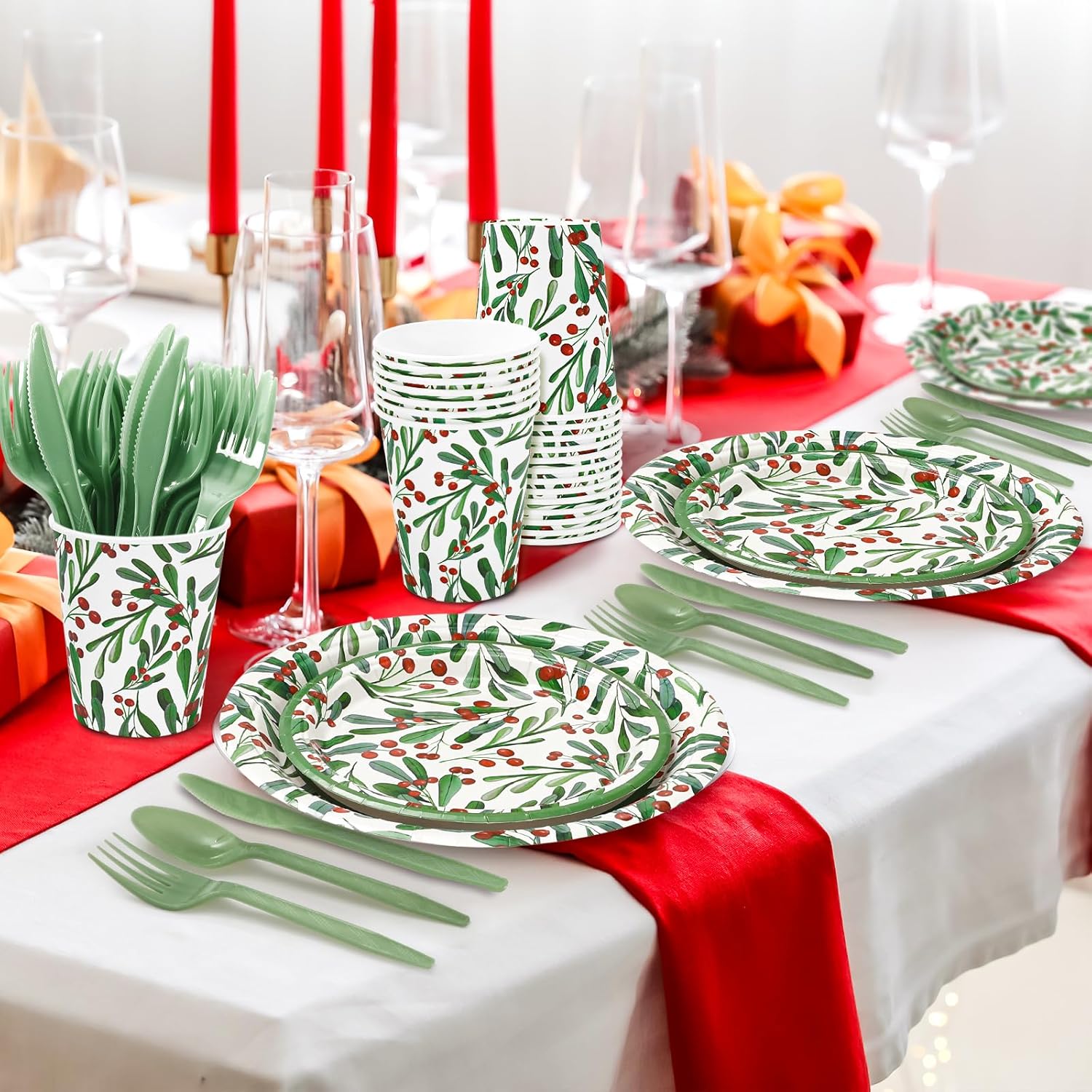 JarThenaAMCS 175Pcs Christmas Party Supplies Kit Green Holly Berry Tableware Set Disposable Dinnerware Paper Napkin Plate Cup Plastic Fork Knives Spoon for 25 Guests Party Favors