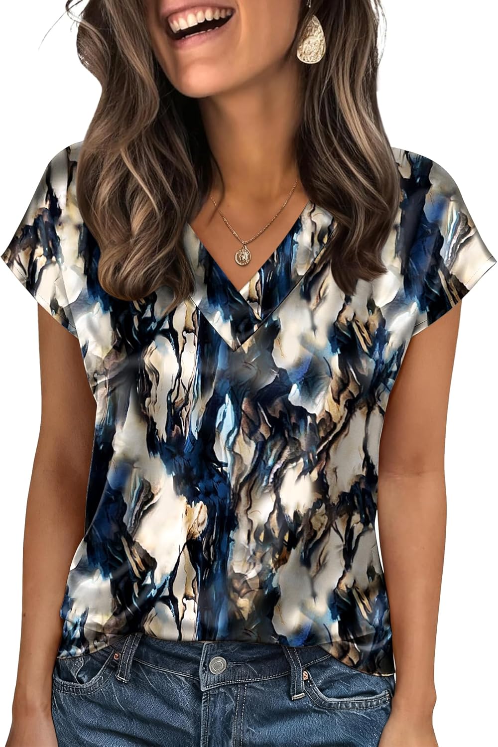 Zeagoo Women Silk Satin Tops Cap Short Sleeve Blouse V Neck Shirts Business Casual Outfits S-2XL