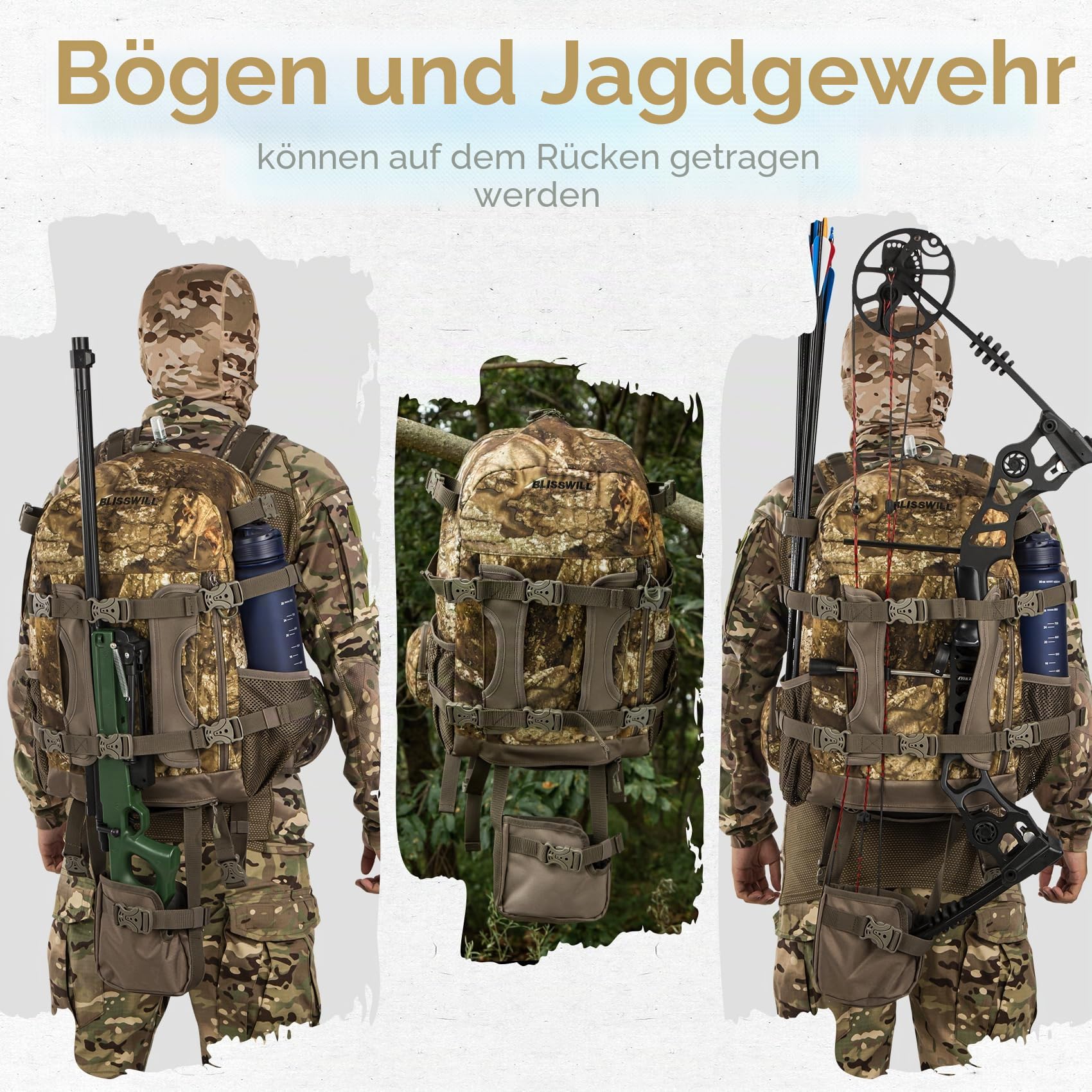 BLISSWILL Jagd-Rucksack, Jagd-Tagesrucksack mit Gewehrhalter, Jagdausrüstung, Zubehör, Geschenk für Herren