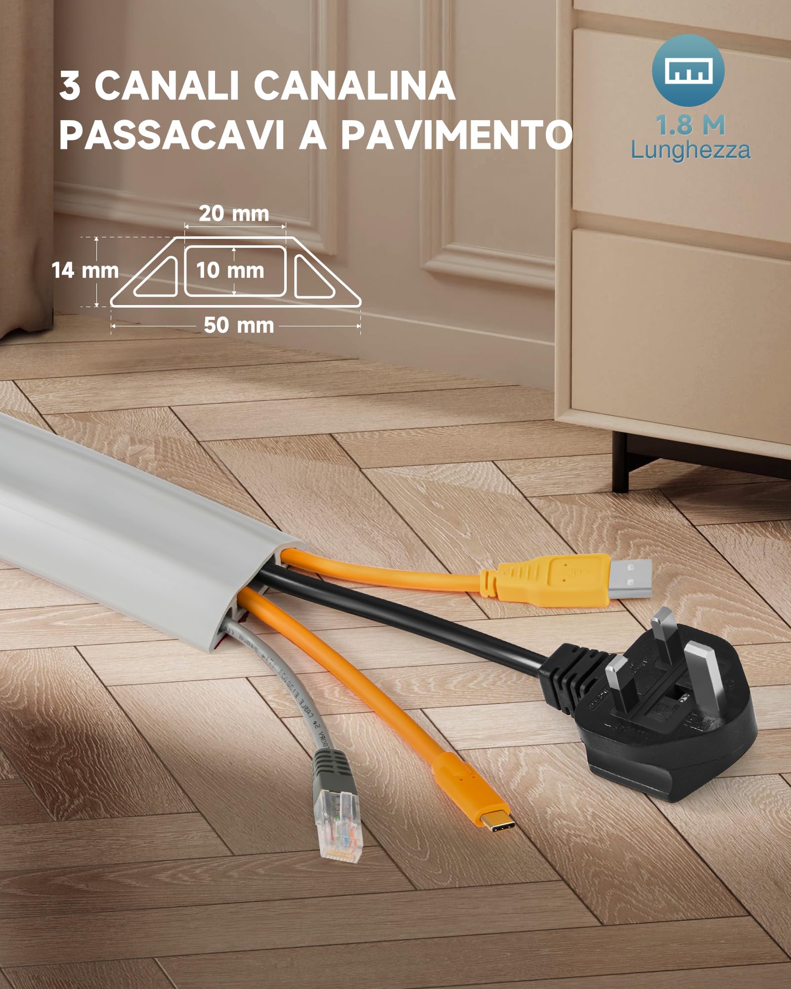 CREWORKS 1.8M Canalina Passacavi Pavimento a 3 Canali, Canalina Passacavi Calpestabile Adesiva, PVC Canalina Flessibile per Cavi Elettrici per Casa, Officina, Magazzino, Concerto, Grigio