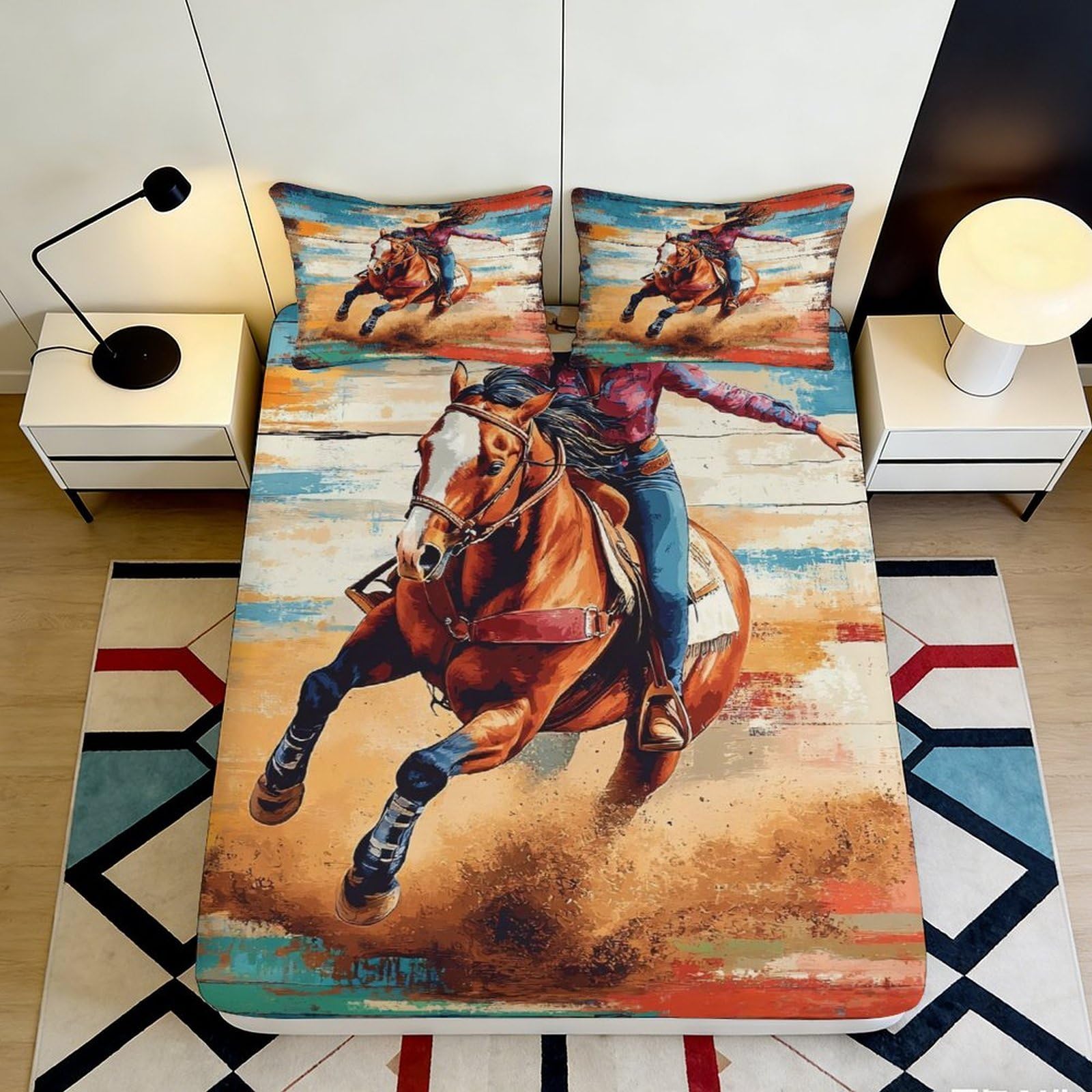 3D Printed Western Horse Racing Fitted Sheet Microfiber Soft Breathable Rodeo Cowboy Bed Cover Decor for Bedroom Guest Room Mattress Protection 120x200x25cm