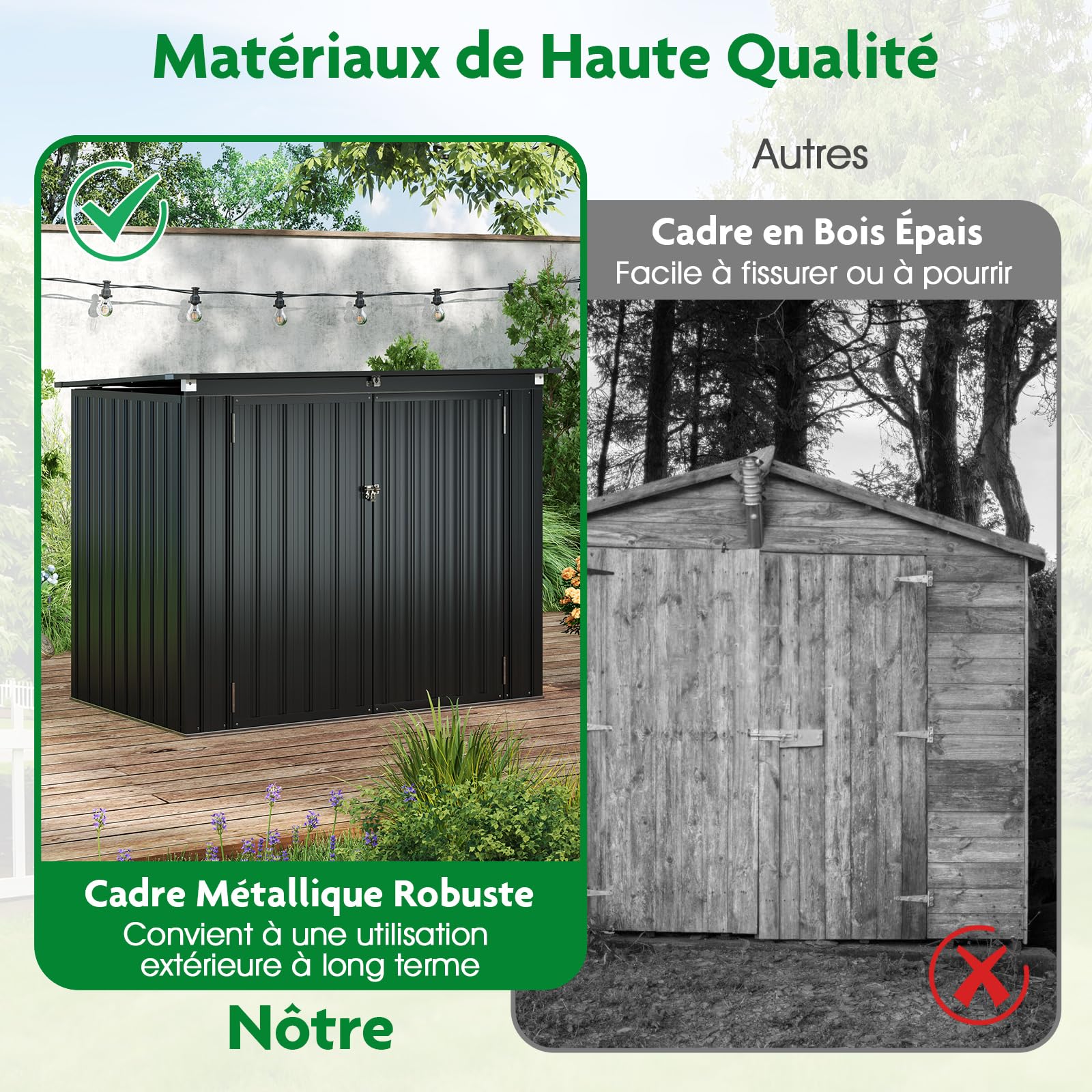 GOPLUS 1,51m² Abris de Jardin en Métal Galvanisé Extérieur, Cache Poubelle, Résistant aux Intempérie,Couvercle Relevable, 2 Portes Verrouillable, Structure Renforcée, 1,97m³,172x100x129cm (Gris)