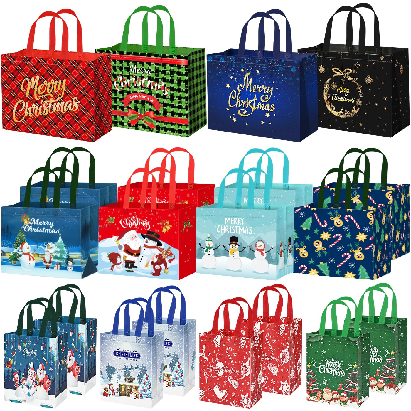 DECHISY 20Pack Christmas Gift Bags, Reusable Christmas Tote Bags with Handles,4 Jumbo,8 Large,8 Small Holiday Gift Bags for Xmas Party Favor