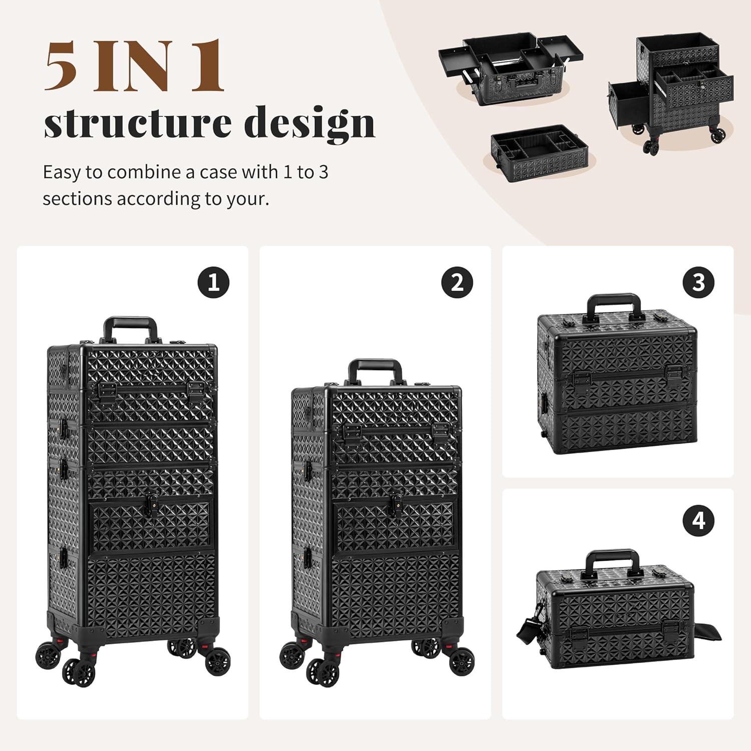 AROUS 4 in 1 Rolling Makeup Case with Drawers, Multi-functional Cosmetology Case on Wheels, Large Storage Traveling Cart Trunk for Nail Technicians, Makeup Artist and Hairstylist, Black