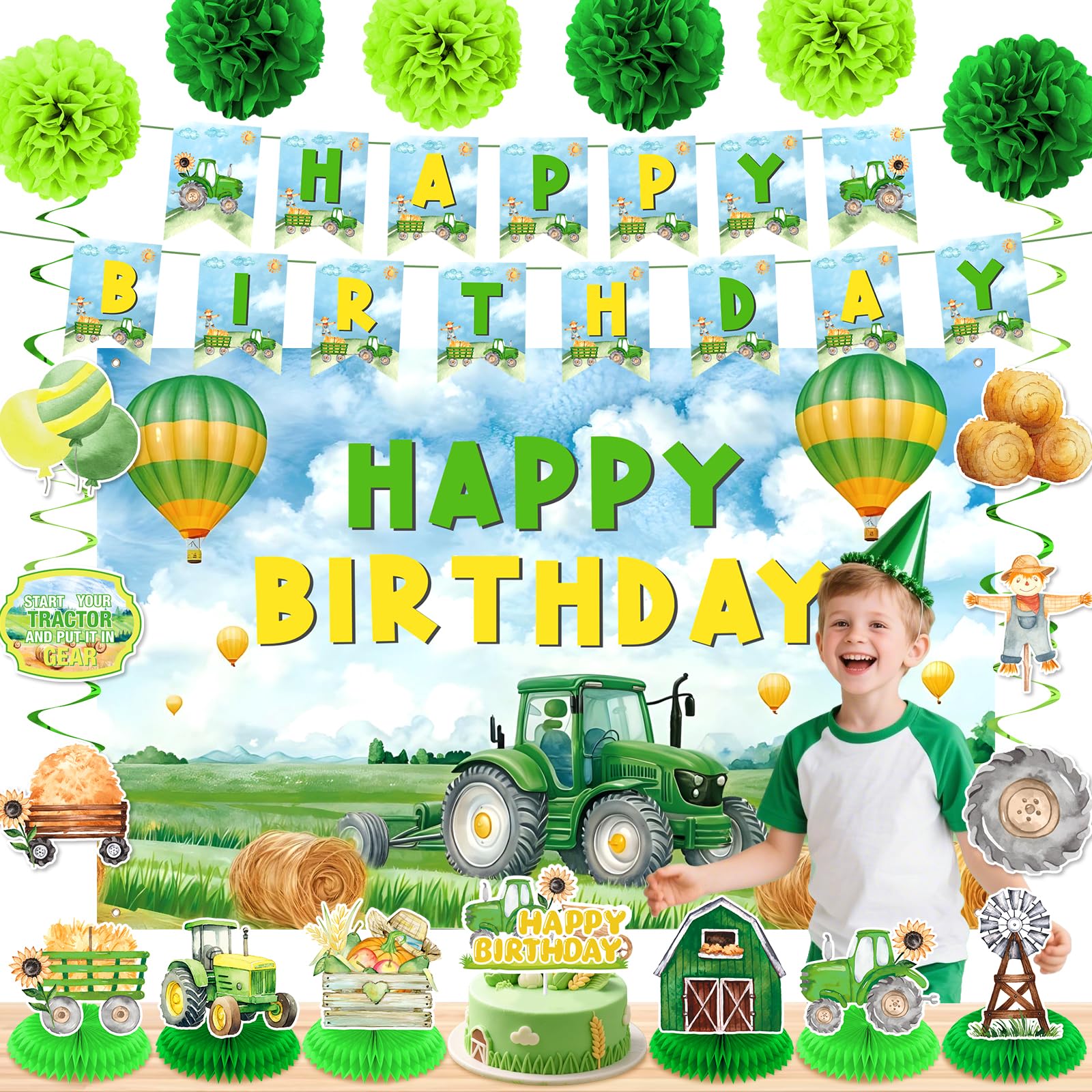 Tractor Birthday Decorations for Boys Girls Tractor Theme Party Supplies Includes Tractor Happy Birthday Banner Hanging Swirls Green Grass Farm
