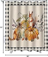 Vista 9 de Cortina de ducha a cuadros de búfalo negro calabaza para baño, cortinas de baño con girasoles y ardillas con ganchos, tela de poliéster impermeable