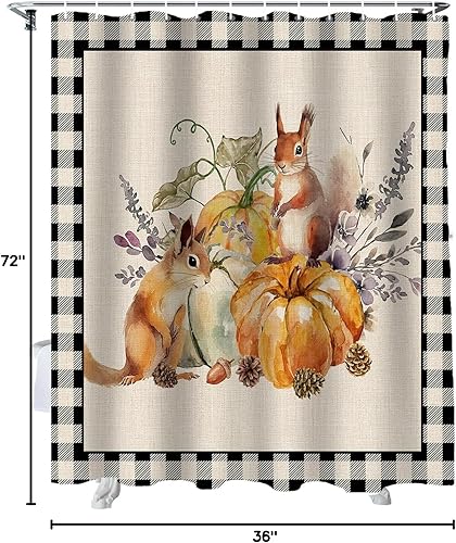 Miniatura 9 de Cortina de ducha a cuadros de búfalo negro calabaza para baño, cortinas de baño con girasoles y ardillas con ganchos, tela de poliéster impermeable,