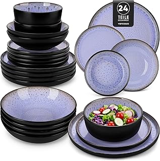 vancasso Amber Stoneware Crockery Set for 6 People, Dinner Service 24-Piece with Dinner Plate, Dessert Plate, Soup Plate, Bowl, Reactive Glaze, Evening Purple, Dishwasher Safe