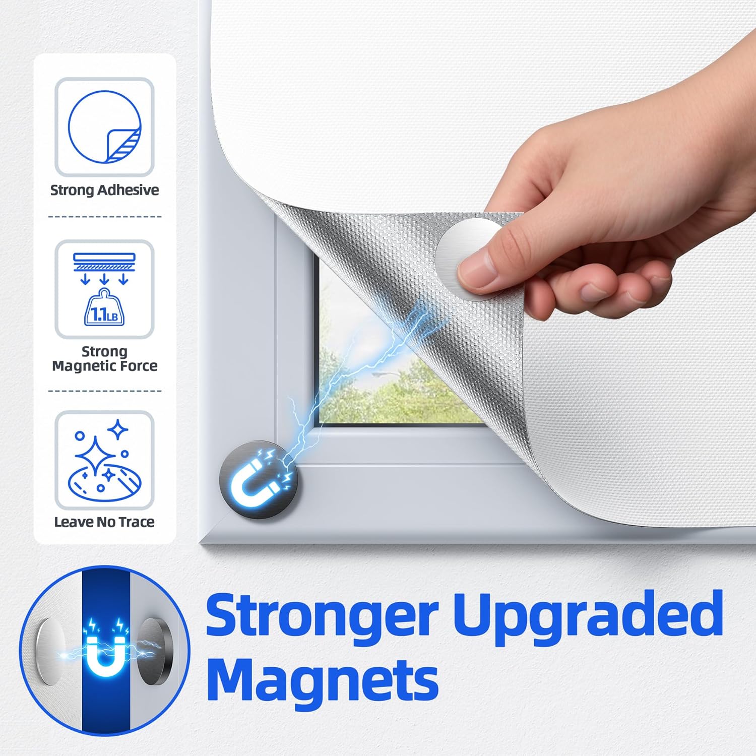 Magnetic Blackout Window Cover with Strong Magnets – 75" x 58" Portable Blackout Curtains for Bedroom, No Drill Black Out Blinds & Temporary Black Out Shades for Windows Film RV Travel Skylight-White