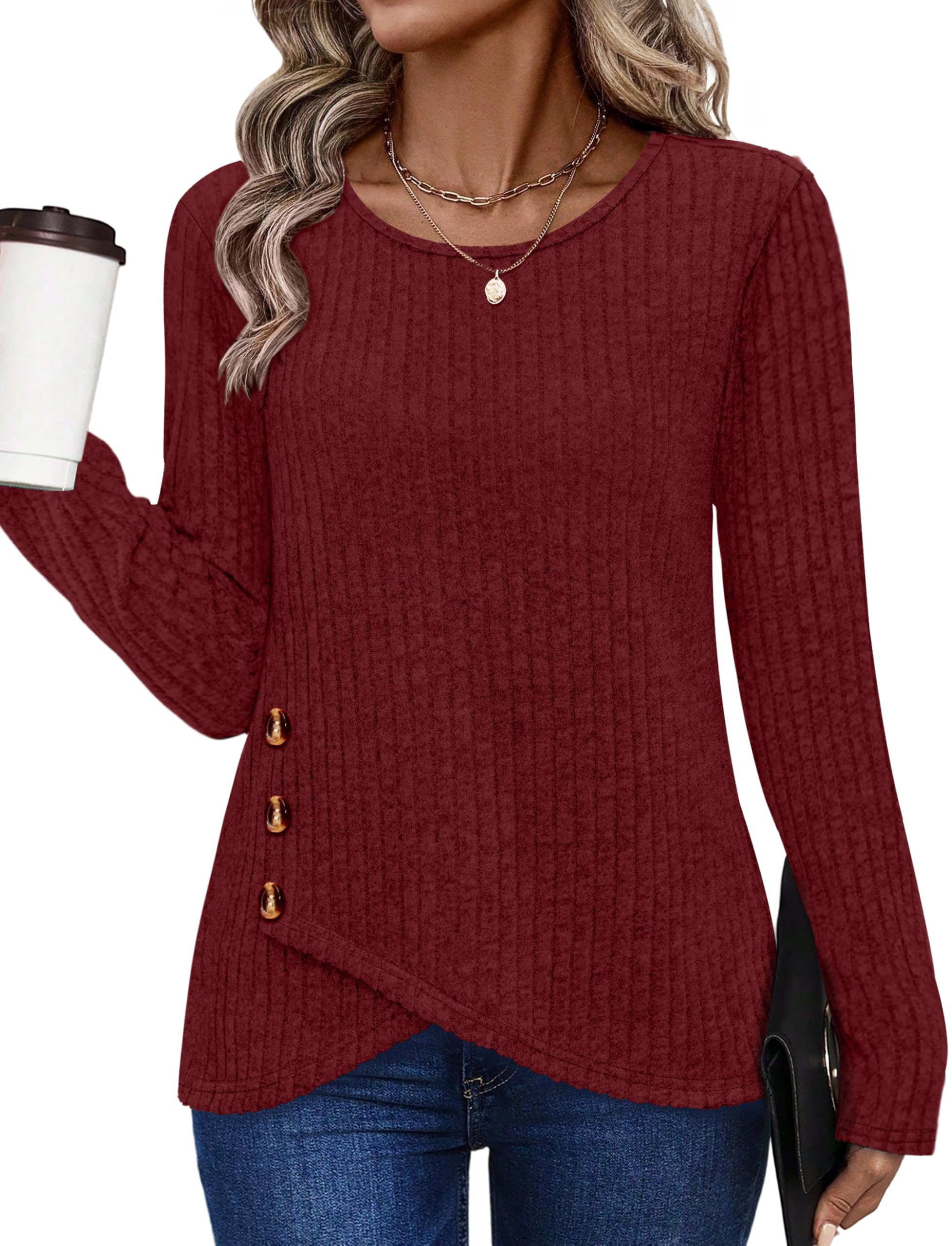 XIEERDUO Tunic Sweaters for Women Long Sleeve Shirts Crew Neck Tops with Buttons Fall Fashion Outfits Winter Clothing