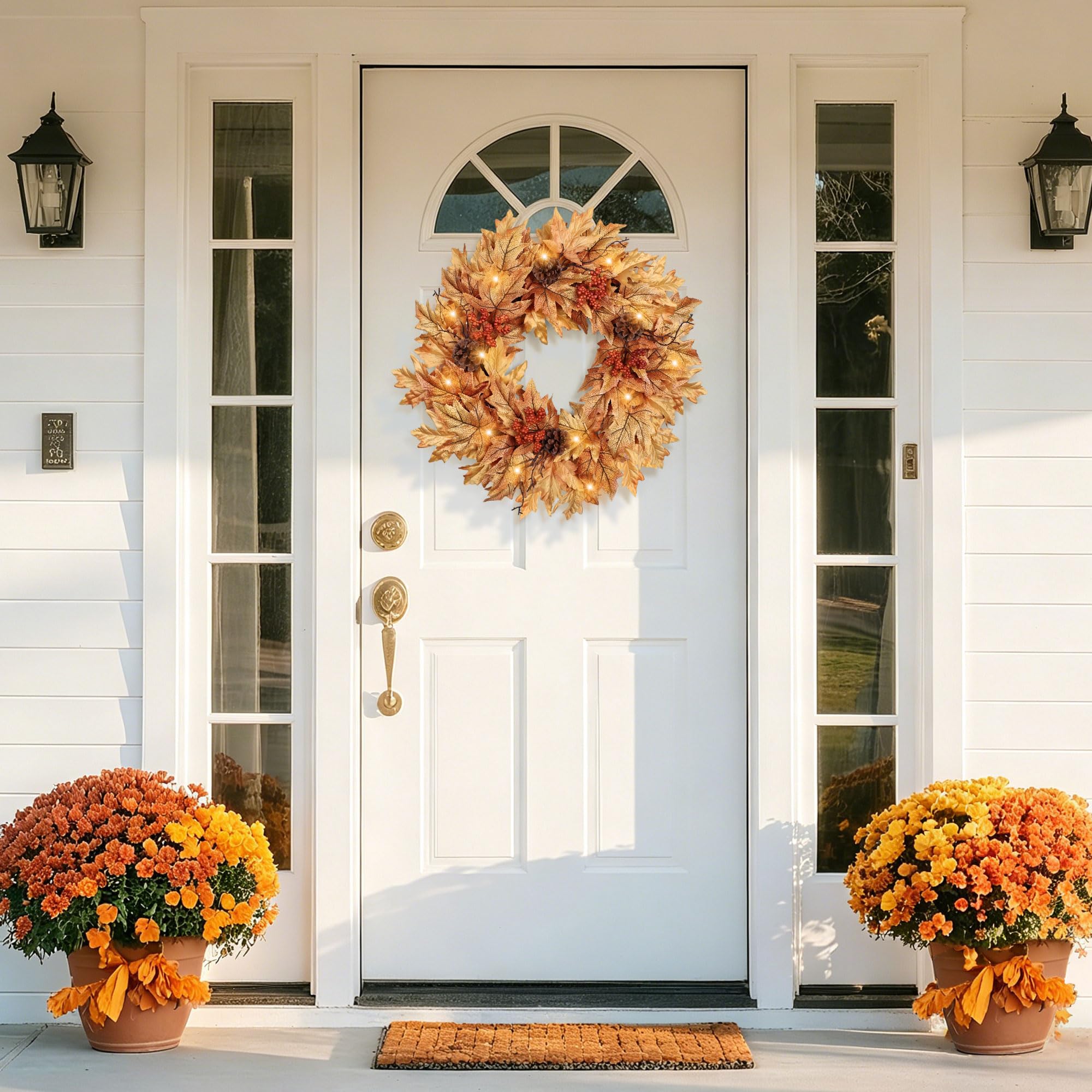 Couronne d'automne pré-éclairée de 61 cm pour porte d'entrée avec