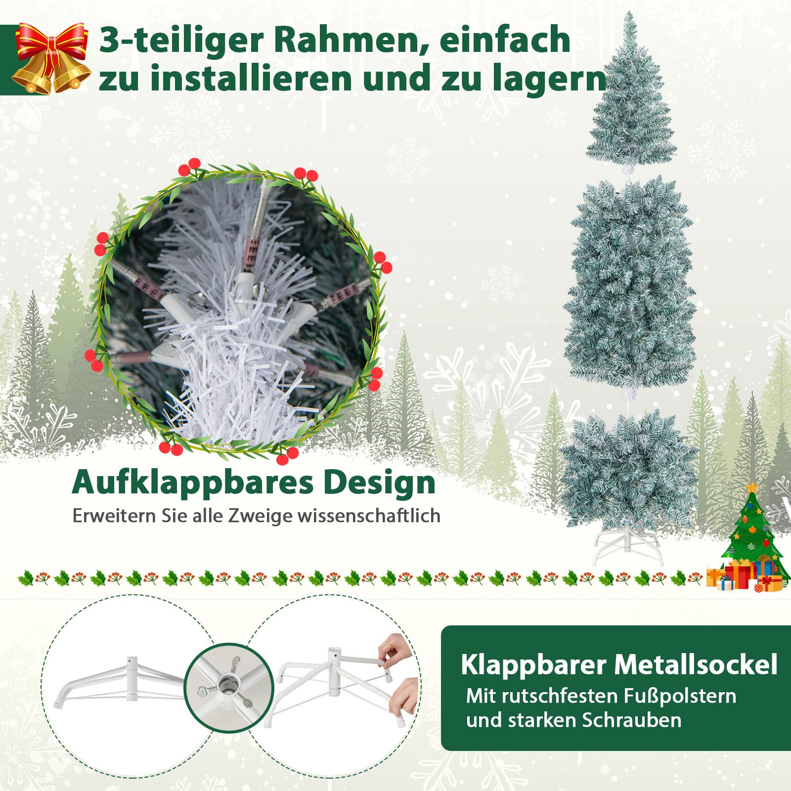 COSTWAY 180cm künstlicher Weihnachtsbaum Bleistift, LED Tannenbaum mit Beleuchtung, schlanker Christbaum mit mehrfarbigen Lichtern, Kunstbaum mit Metallständer für Weihnachten, Grün+Weiß
