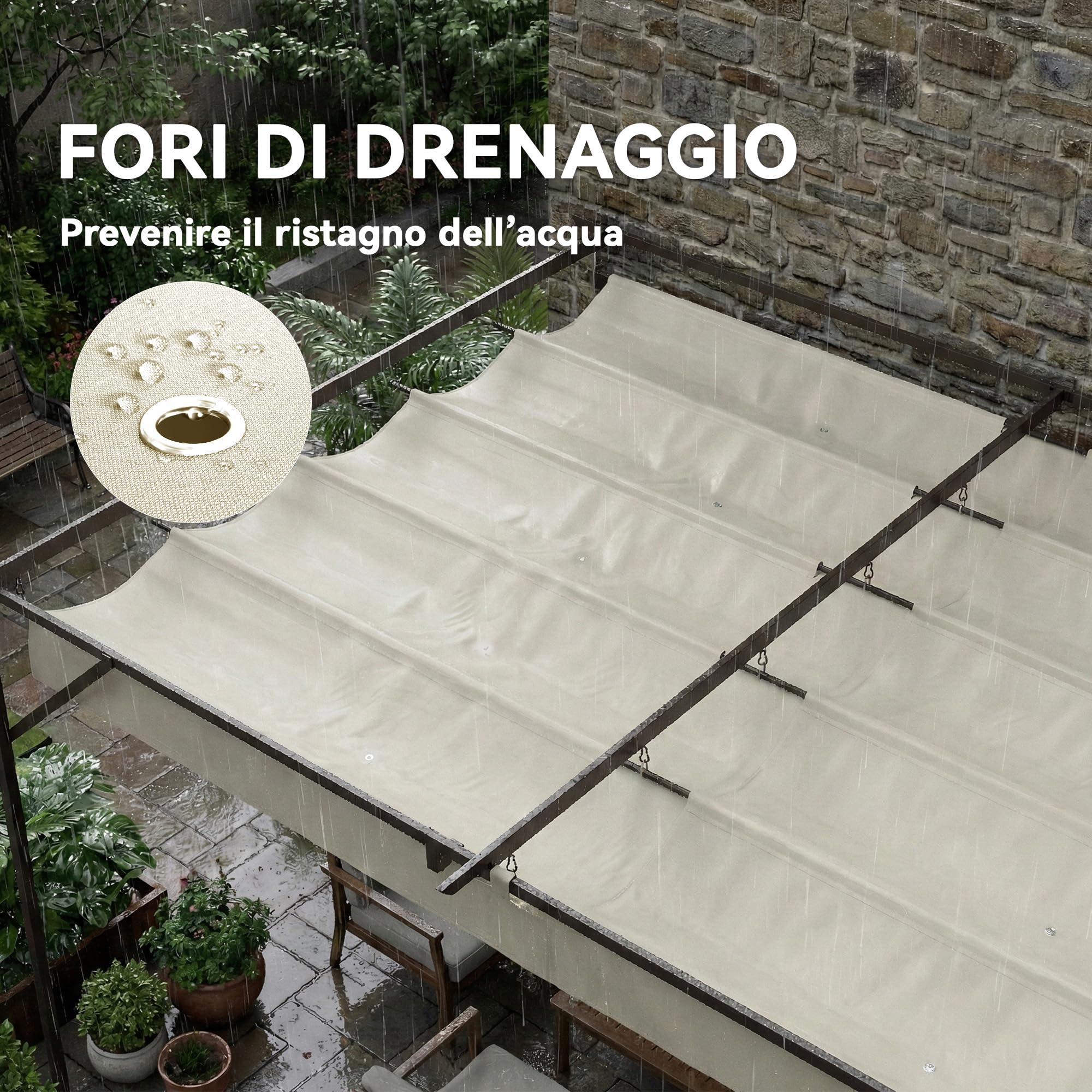 Outsunny Gazebo Pergola Addossata 3x3 m Tetto Retrattile Scorrevole Fori Drenaggio Pergolato Giardino Poliestere Acciaio Patio Terrazzo Esterno UV30+ Bianco Crema