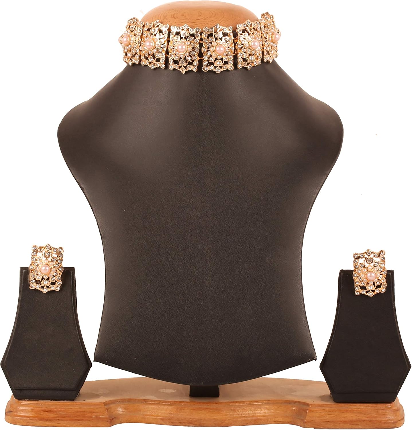 Touchstone Mughal Jali Collection Indian Bollywood Gracious Stylish Faux Pearls Rhinestone Studded Diamond Look Designer Chickpatti Choker Necklace Set Jewelry In Gold Tone For Women - Image 3