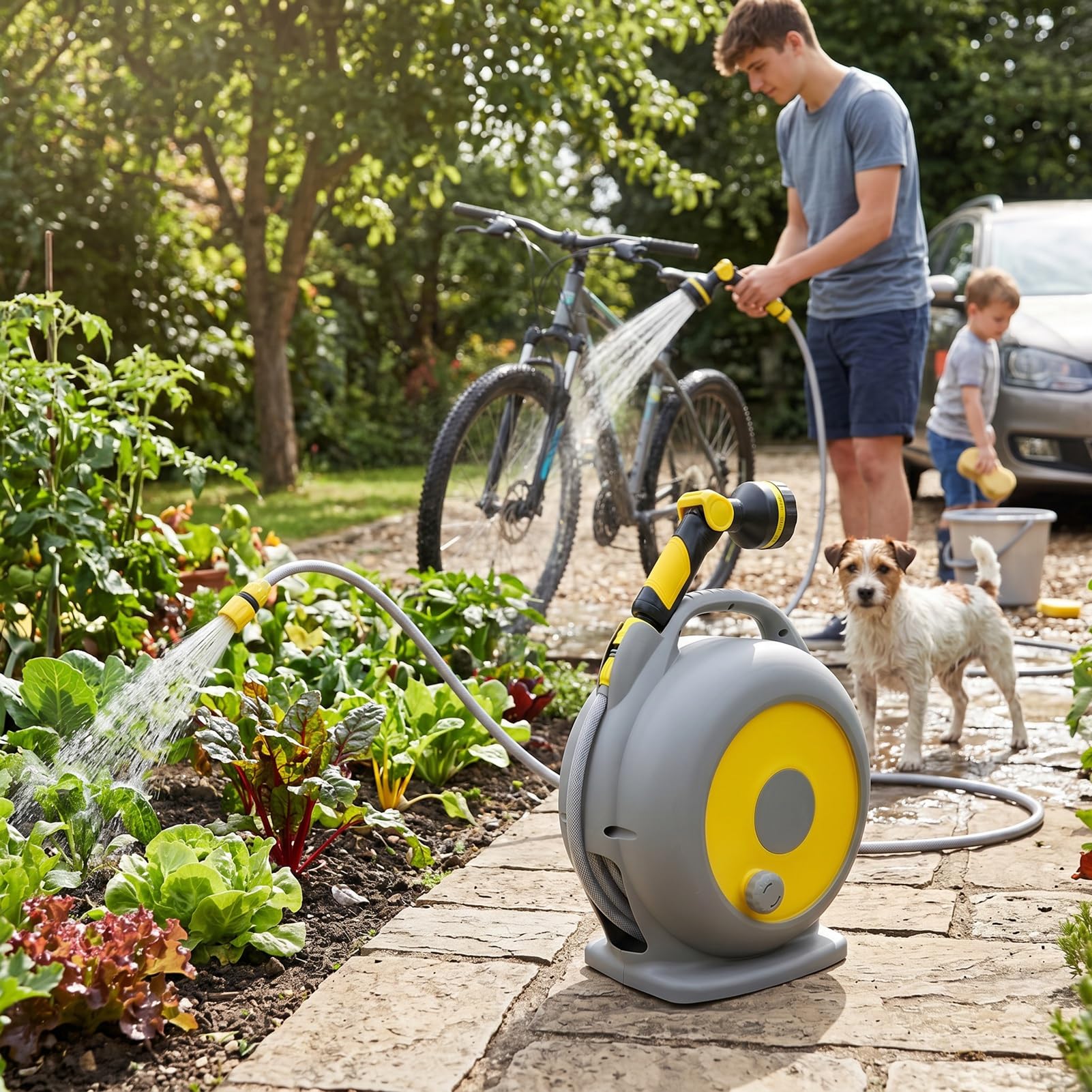 Carrete de Manguera de Jardín Retráctil 15M con Boquilla Rociadora | Varita de riego de 10 patrones, asa de transporte portátil, almacenamiento compacto de ABS, para limpieza de pisos