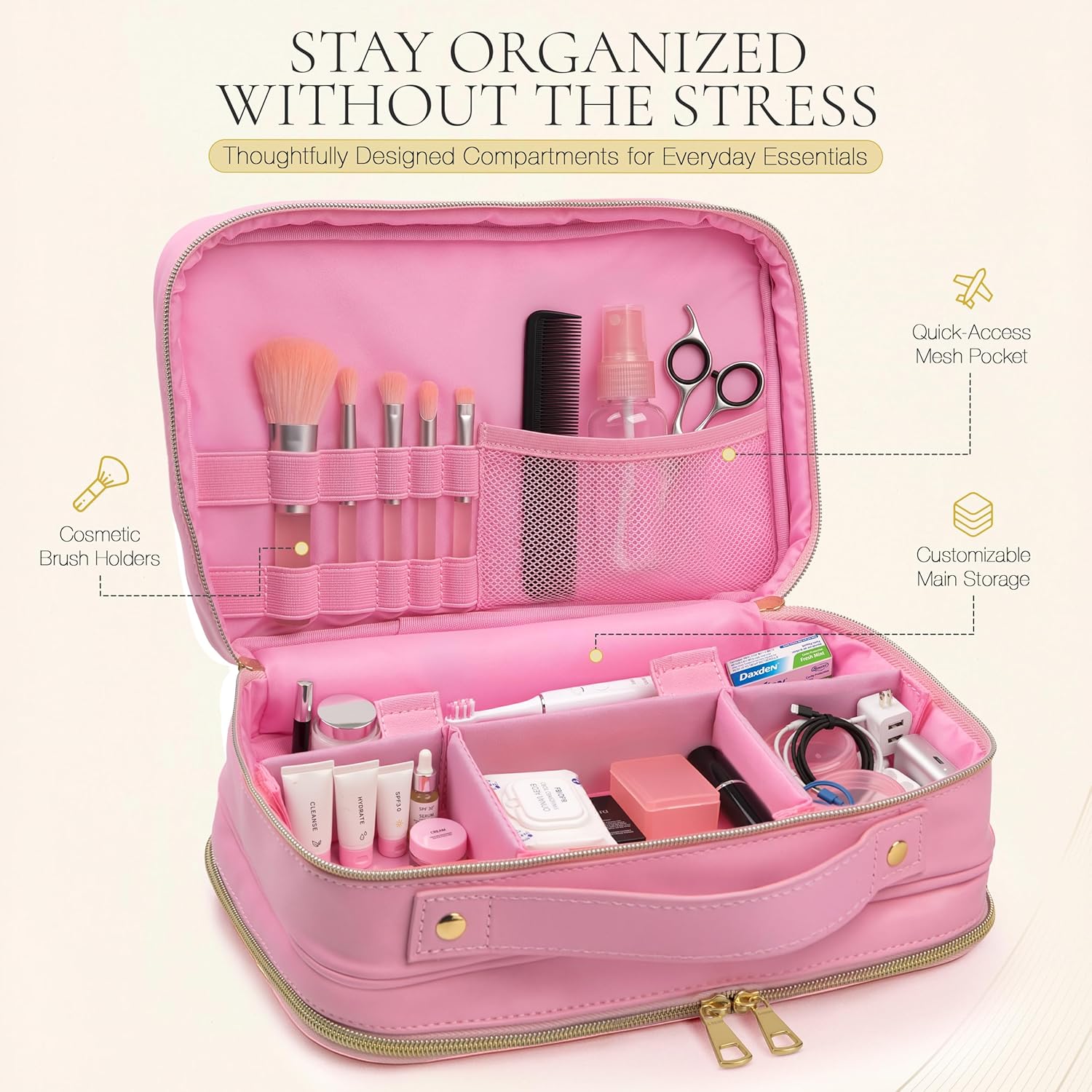 Elegant Gift-Ready Travel Makeup Organizer for Women – Waterproof Modular Cosmetic Case with Compartments, Premium Toiletry Bag for Carry-On & Daily Essentials, Pink