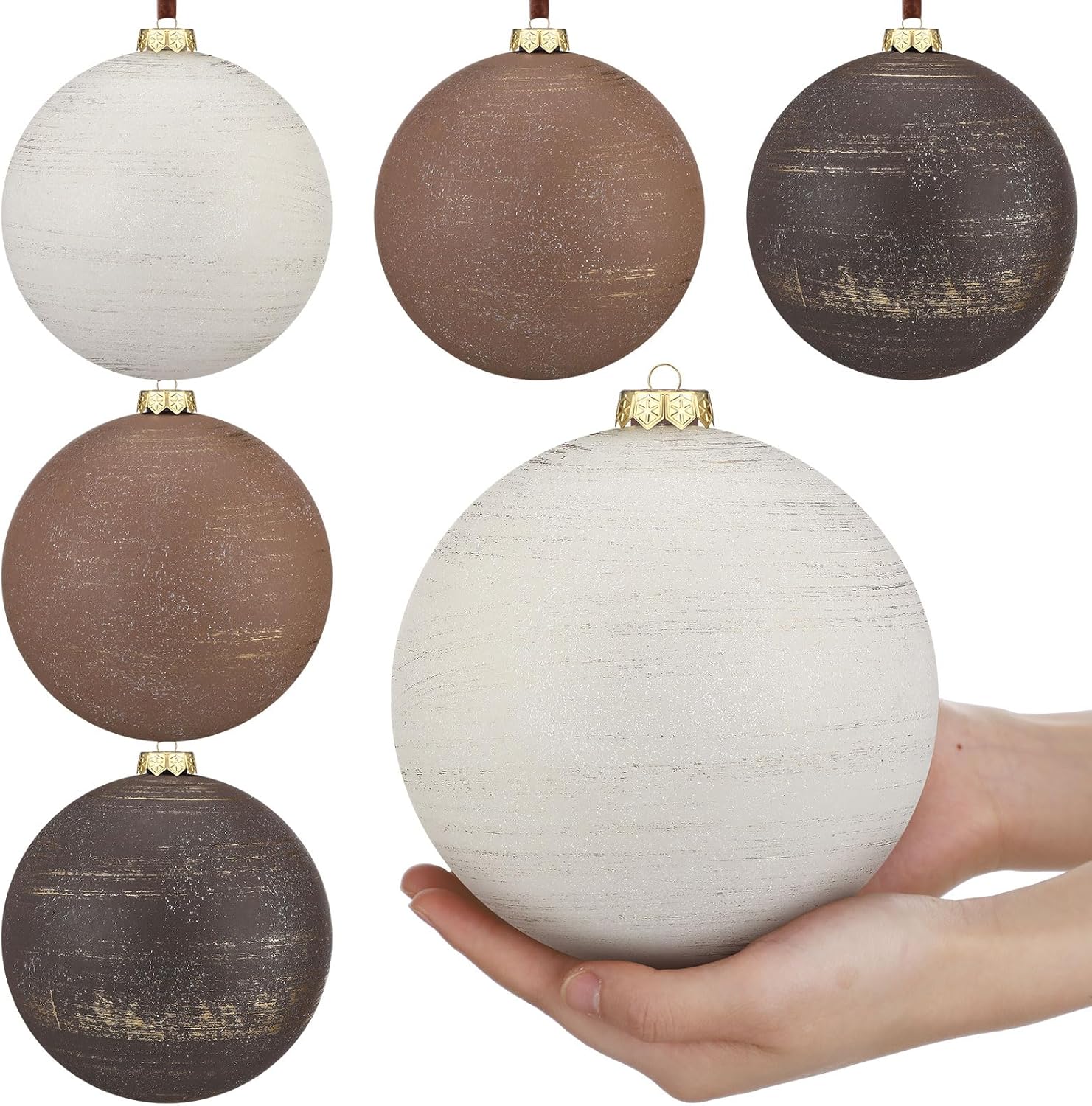 6 Pcs 6 Inch Large Neutral Christmas Balls Ornaments Jumbo Big Rustic Textured Brown Tan Beige Xmas Ornaments Vintage Farmhouse Modern Christmas Decor for Xmas Tree Outdoor Decor 6 Earth Tone Farmhouse