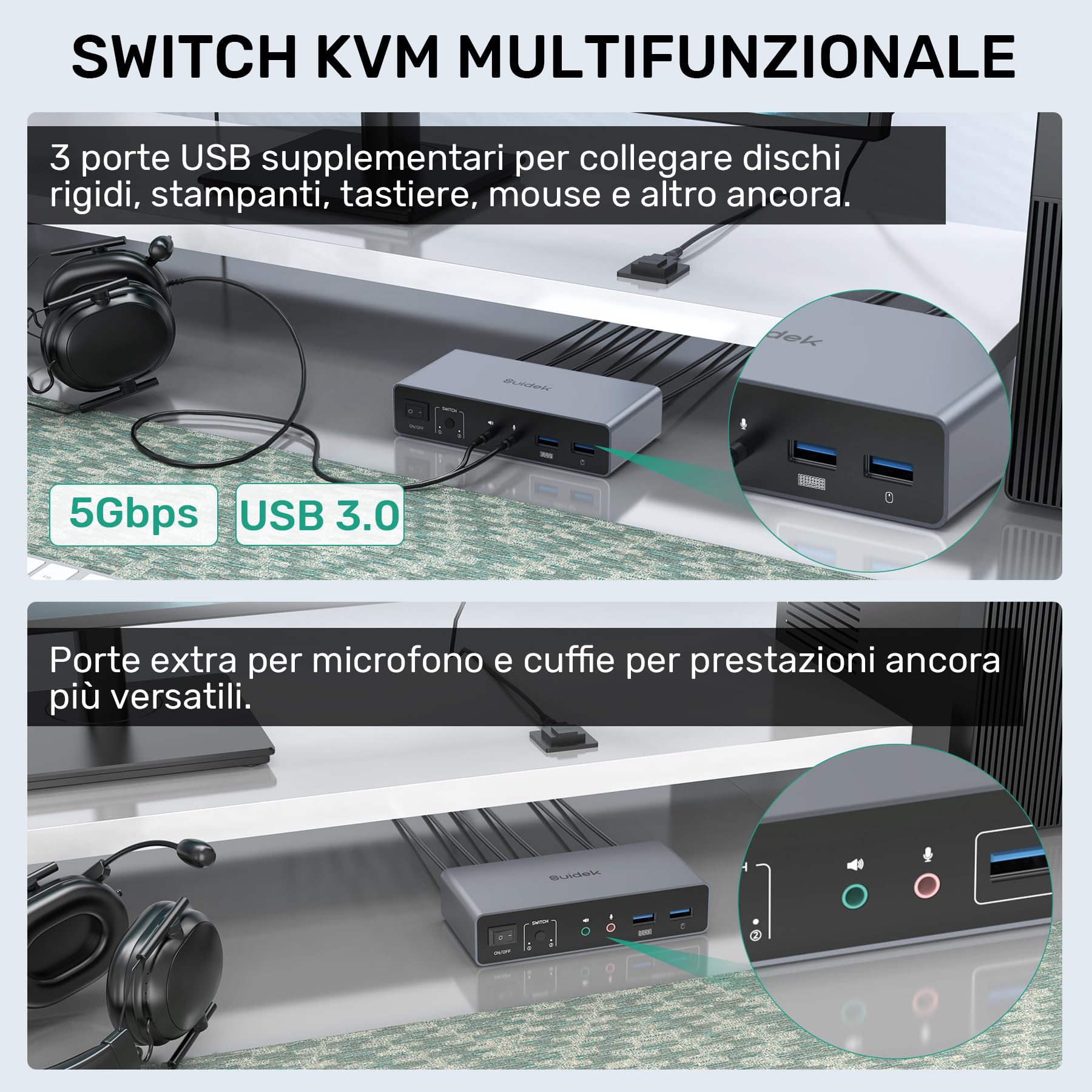 SUIDEK Commutatore KVM HDMI Displayport, 2 computer 2 monitor 4K@60Hz Commutatore KVM a doppio monitor per 2 PC, 3 porte USB 3.0 Supporto modalità estesa/specchio