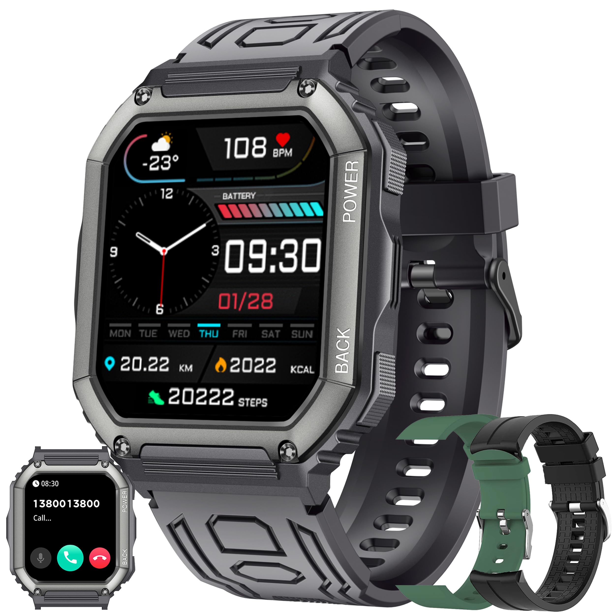 Smartwatch voor heren met telefoonfunctie, zaklamp, 1,85 inch AMOLED 5