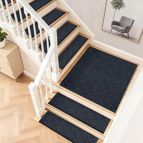 Vista 101 de COSY HOMEER - Alfombra antideslizante de 28 x 9 pulgadas, uso interior en peldaños de madera, alfombras para niños y perros, 100 % poliéster, base