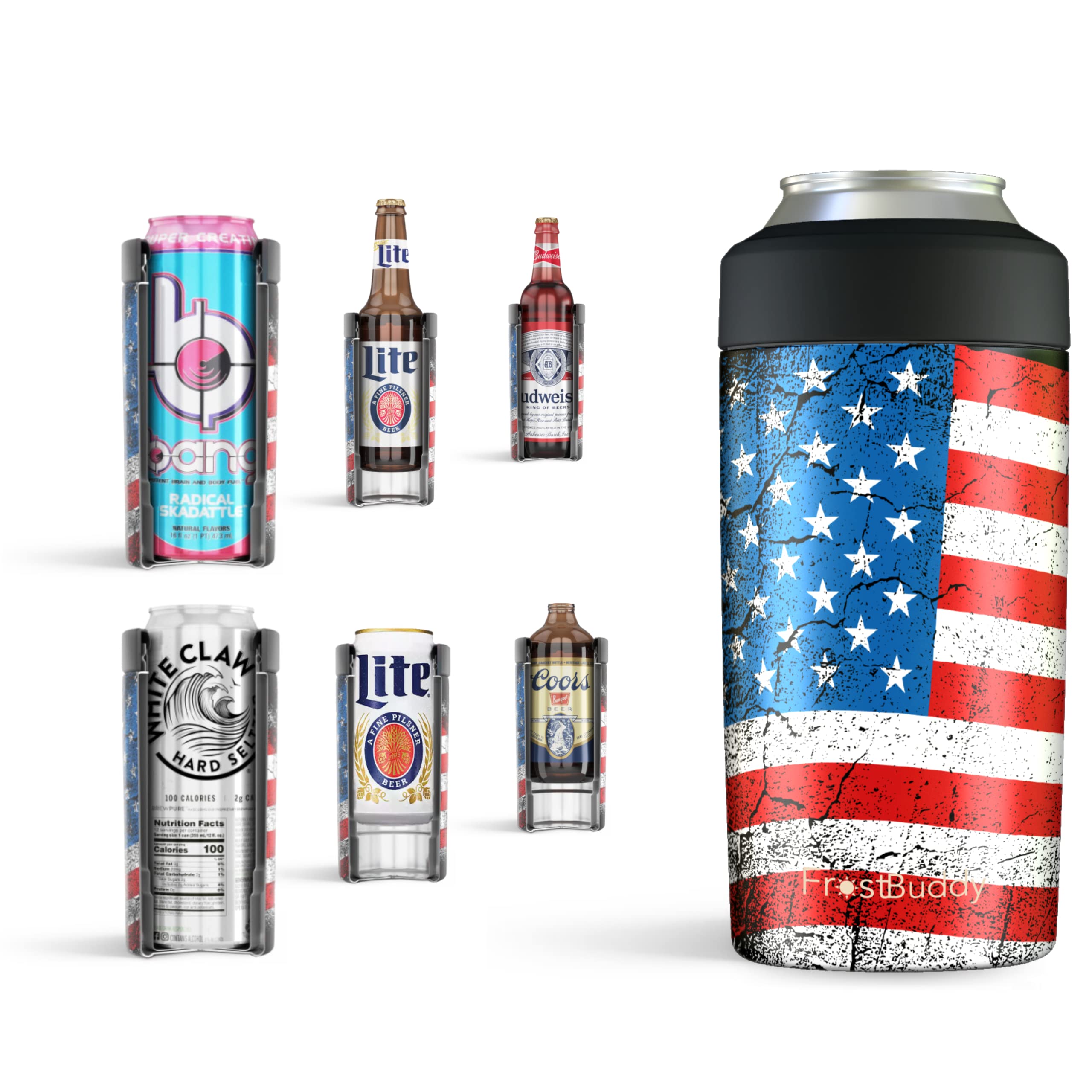 Frost Buddy Universal Can Cooler - Fits all - Stainless Steel Can Cooler for 12 oz & 16 oz Regular or Slim Cans & Bottles - Stainless Steel