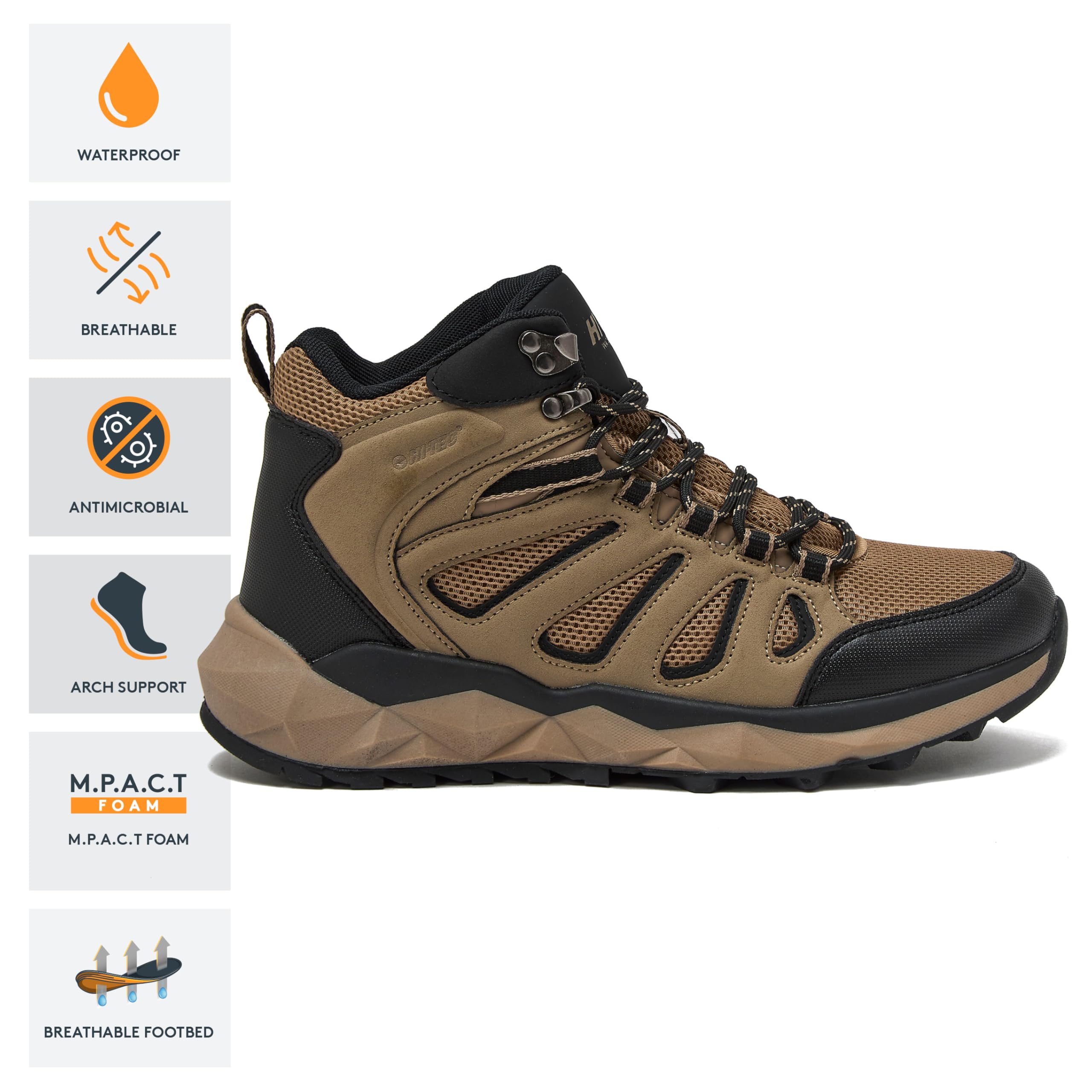 HI-TEC Valley Geo Mid Waterproof Hiking Boots for Men, Lightweight Breathable Outdoor Trekking and Trail Sneakers, Sizes 7 to 15