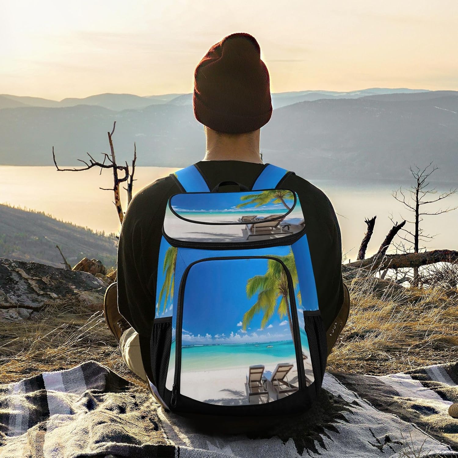 Beach and Palm Tree Cooler Backpack 36 Cans Leakproof Waterproof Backpack Cooler Bag Beach Accessories Travel Camping Fishing Backpack for Women Men