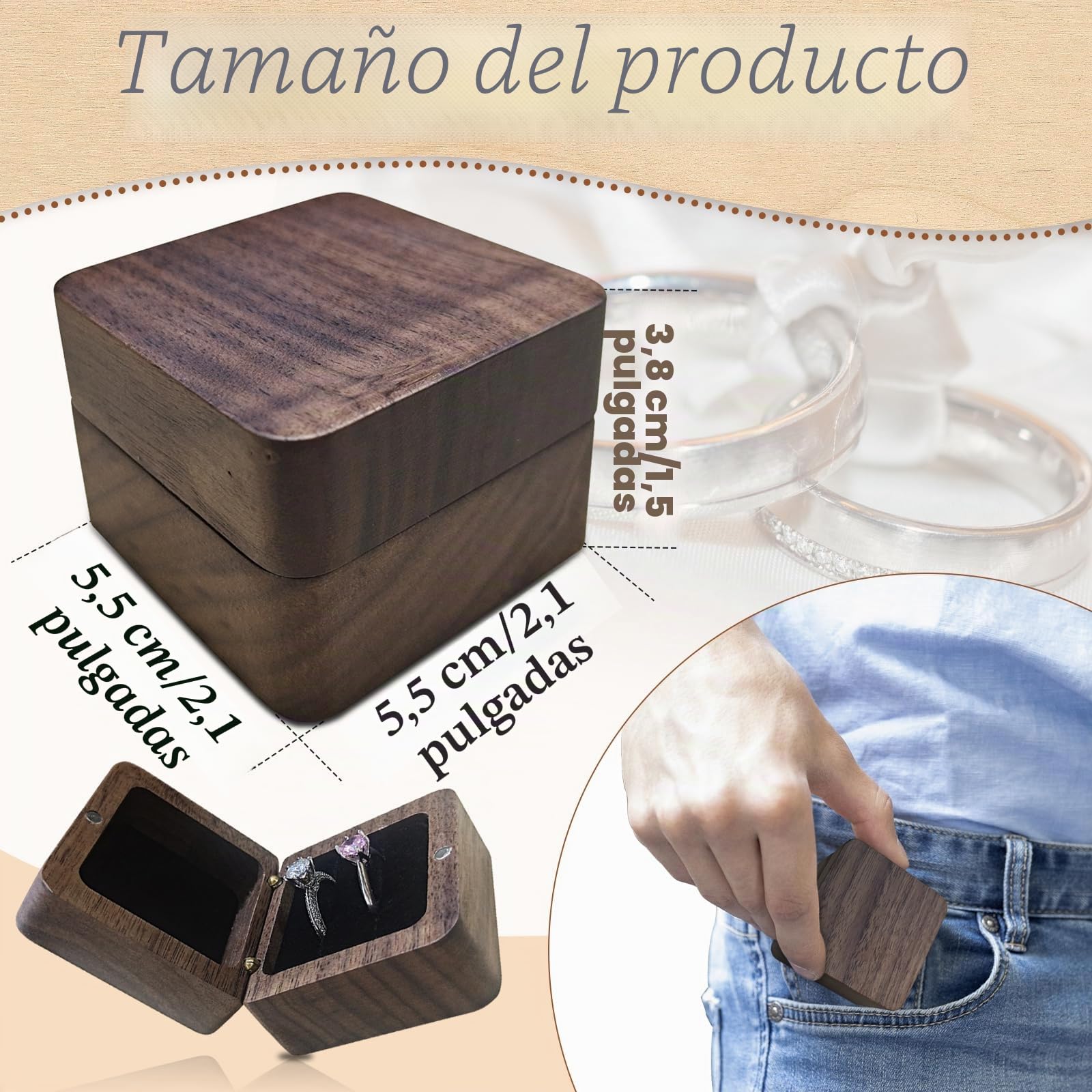 Caja Anillo de Madera Doble Ranura, Joyero Pequeño Cuadrada, Organizador Anillos de Boda (Blanco)