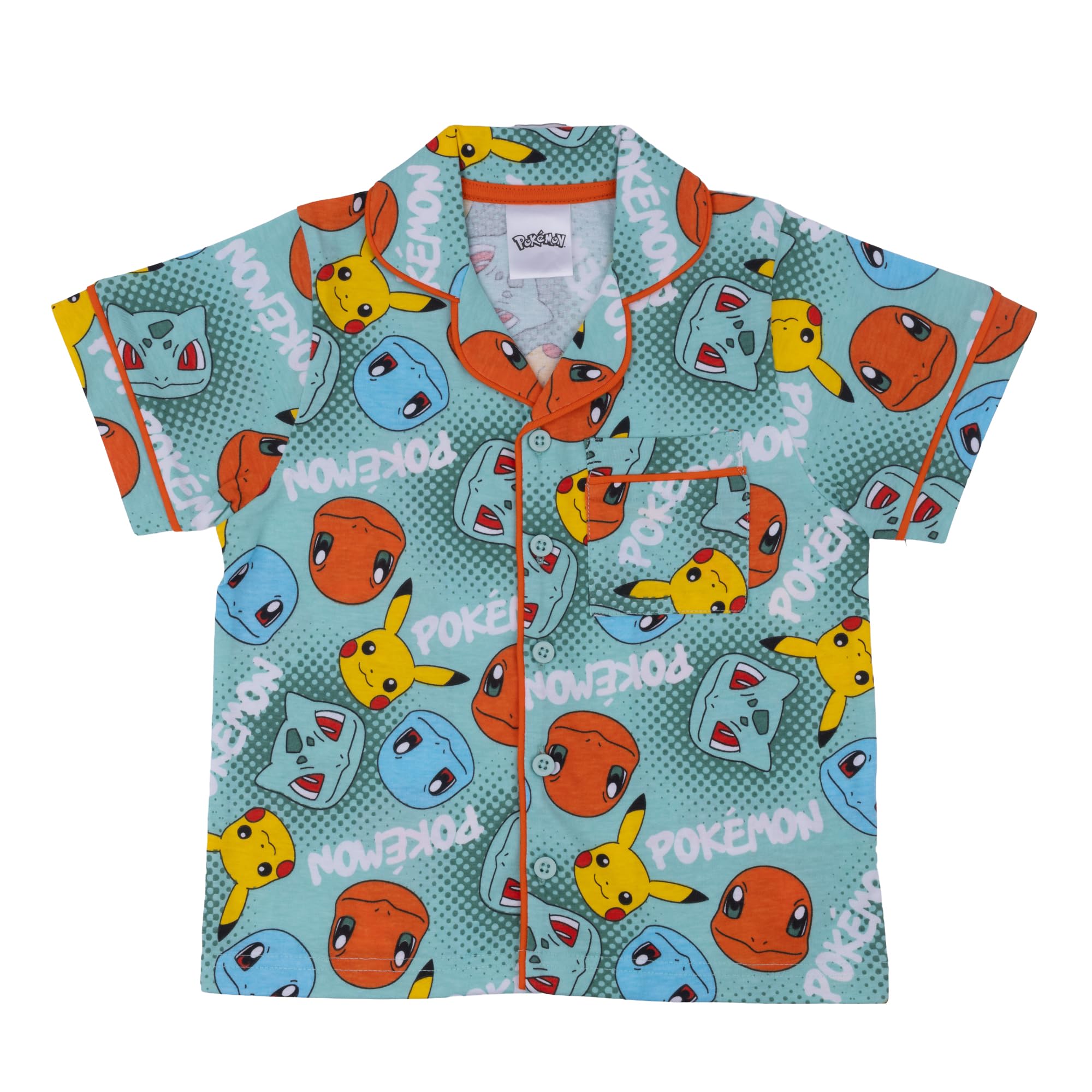Pokémon, Pikachu, Squirtle, Bulbasaur, Charmander, 100% Cotone con Bottoni Pigiama a Maniche Corte, Green, Verde