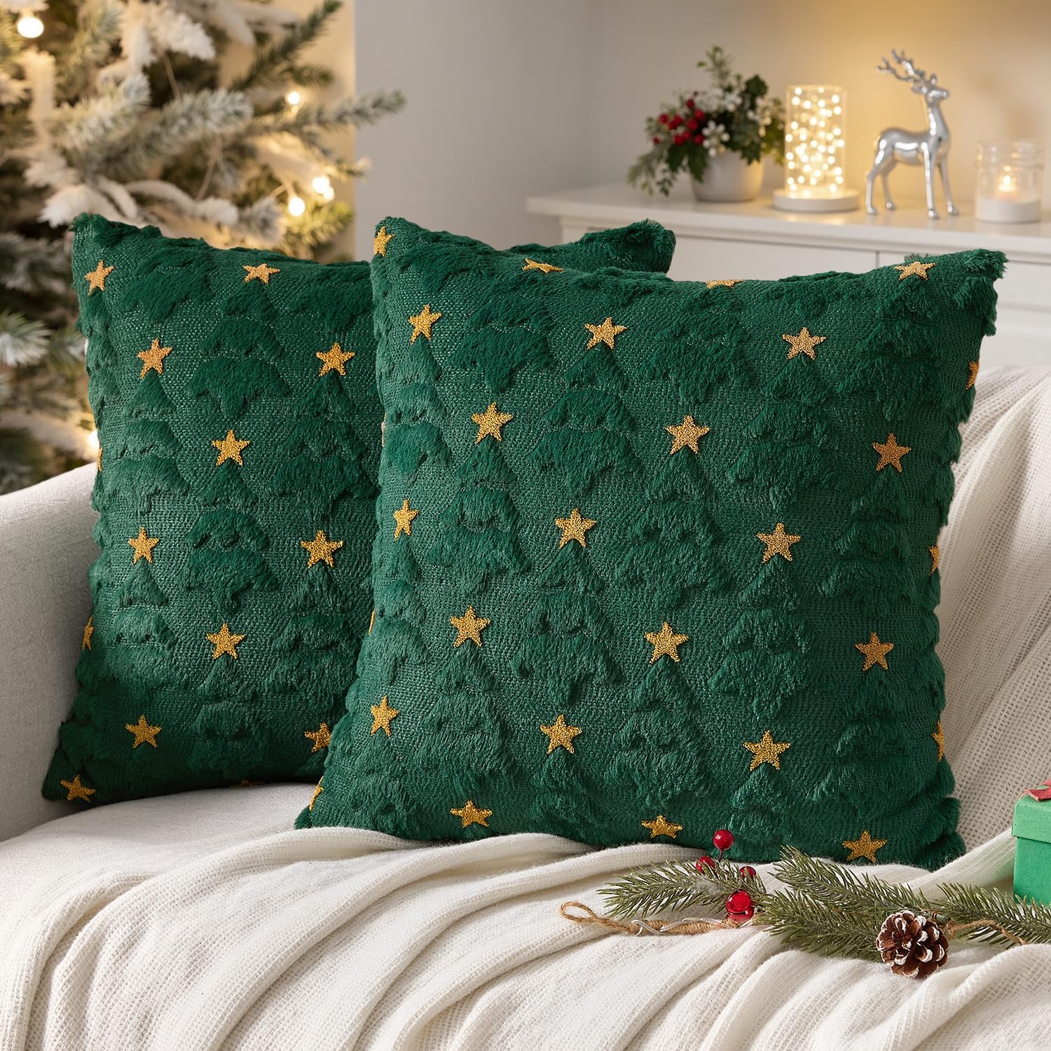 MIULEE Christmas Pillow Covers 18x18 Inch Set of 2, Dark Green Christmas Tree Plush Faux Fur Pillowcases Soft Decorative Throw Pillow Cases for Couch Sofa Living Room Winter Xmas Holiday Home Decor
