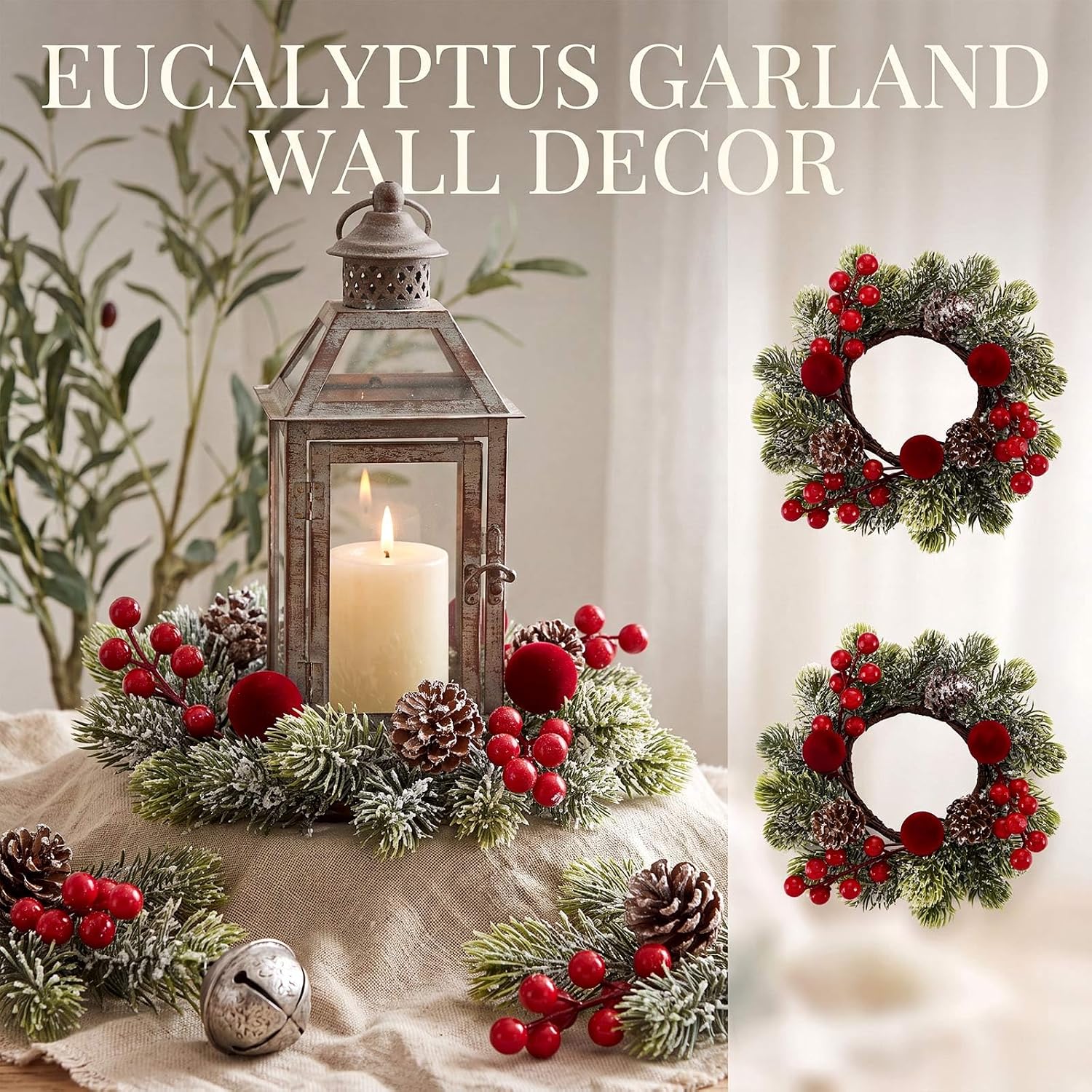 4 Pcs Christmas Candle Ring Wreath, Christmas Tables Decor, Red
