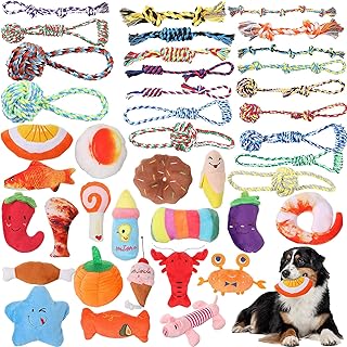 Leyndo 40 Pack Dog Chew Toys for Aggressive Chewers Heavy Duty Dog Rope Toys Dog Plush Squeaky Toys Treat Balls for Medium and Large Breed Pet Dogs Tug of War Teeth Cleaning Accessories