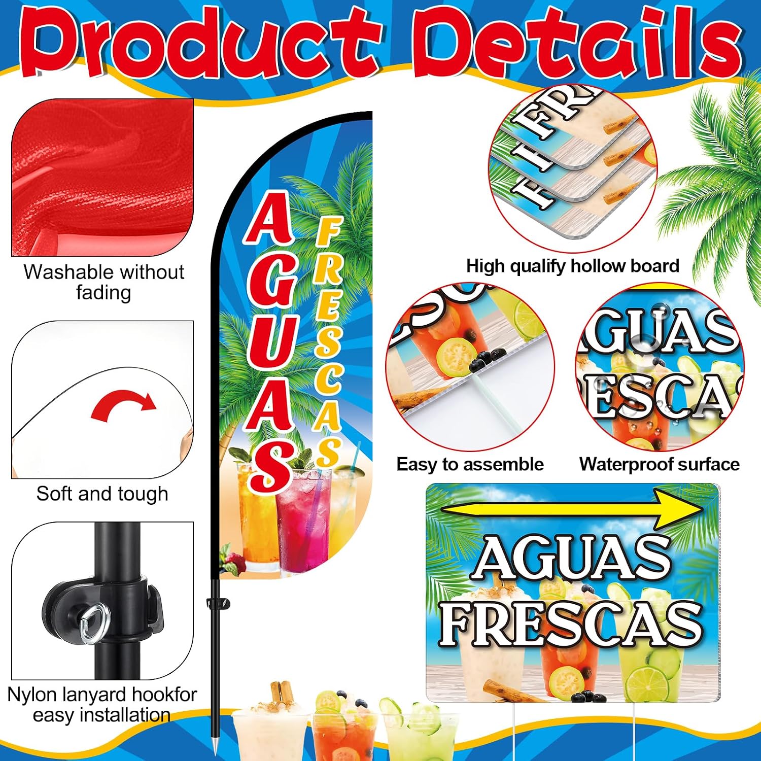 HunnmingRe 6 Pcs Aguas Frescas Sign Set Includes 7ft Aguas Frescas Feather Flag with Pole Kit and 5 Pcs Double Sided Yards Signs with Stake Advertising Feather Banners Sign for Summer Outdoor Business