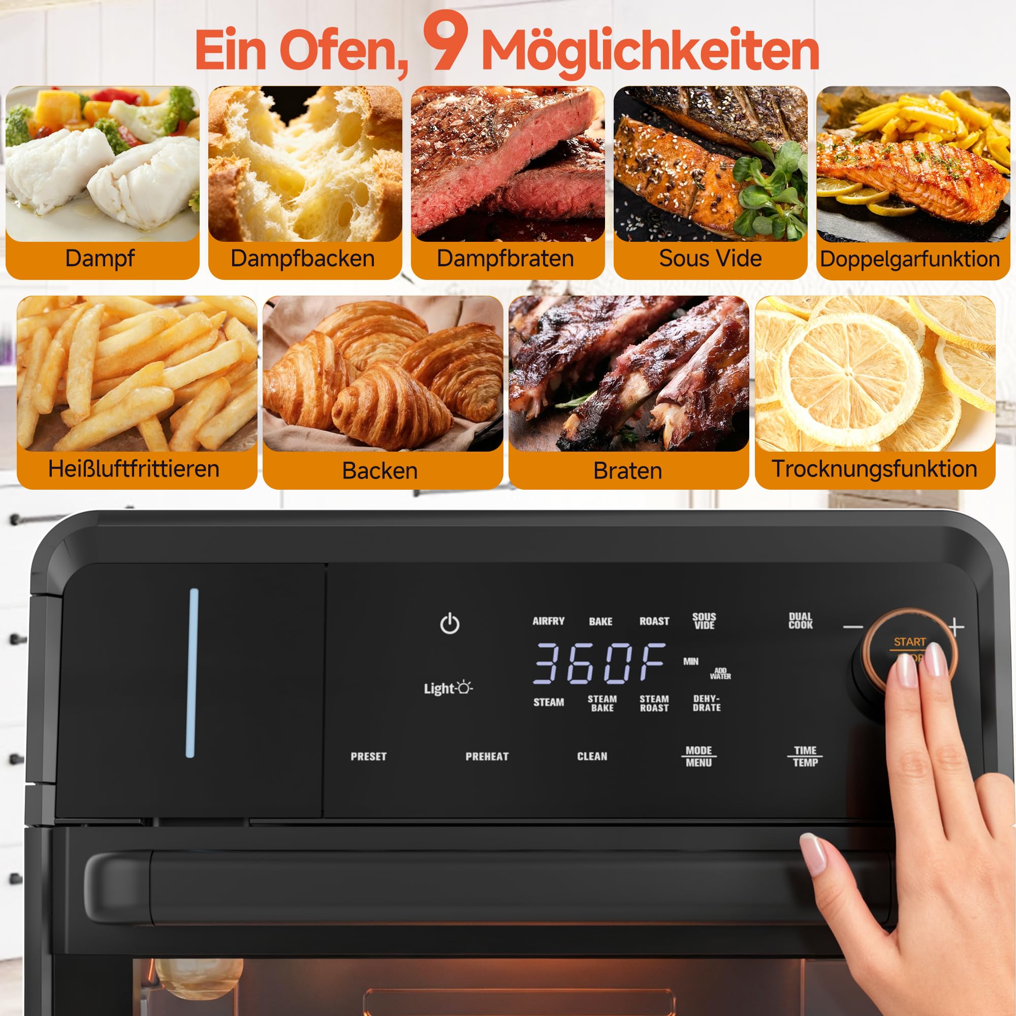 OUNIN 18-Liter-Multifunktions-Minibackofen, 2-Zonen-Garen, mit 360°-Heißluftumwälzung, Voreinstellungen per Knopfdruck, 1800 W, Geeignet für Heißluftfrittieren, Backen, Grillen und Sous-Vide-Garen - 5