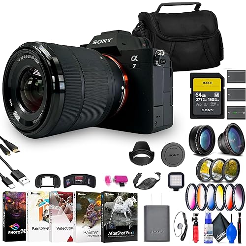 Sony a7 IV Mirrorless Camera with 28-70mm Lens (ILCE-7M4K/B) + 64GB Memory Card + Filter Kit + Wide Angle Lens + Telephoto Lens + Color Filter Kit + Lens Hood + Bag + More (Renewed)