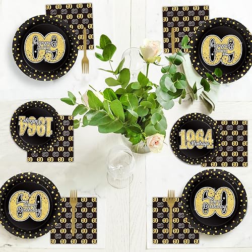 Miniatura 7 de 96 piezas de vajilla para fiesta de cumpleaños temática 60, suministros de fiesta de cumpleaños de 60 años, platos servilletas, tenedores, regalos