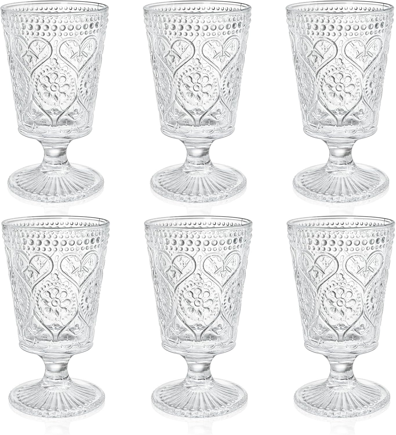 Set of 5 Clear Glass Goblet, 12 Oz Vintage Romantic Wine Glasses, Embossed Floral Glass Cups Set, Bar Tumbler Drinking Glassware for Iced Tea, Wine, Beer, Juice, Cocktail, Whiskey
