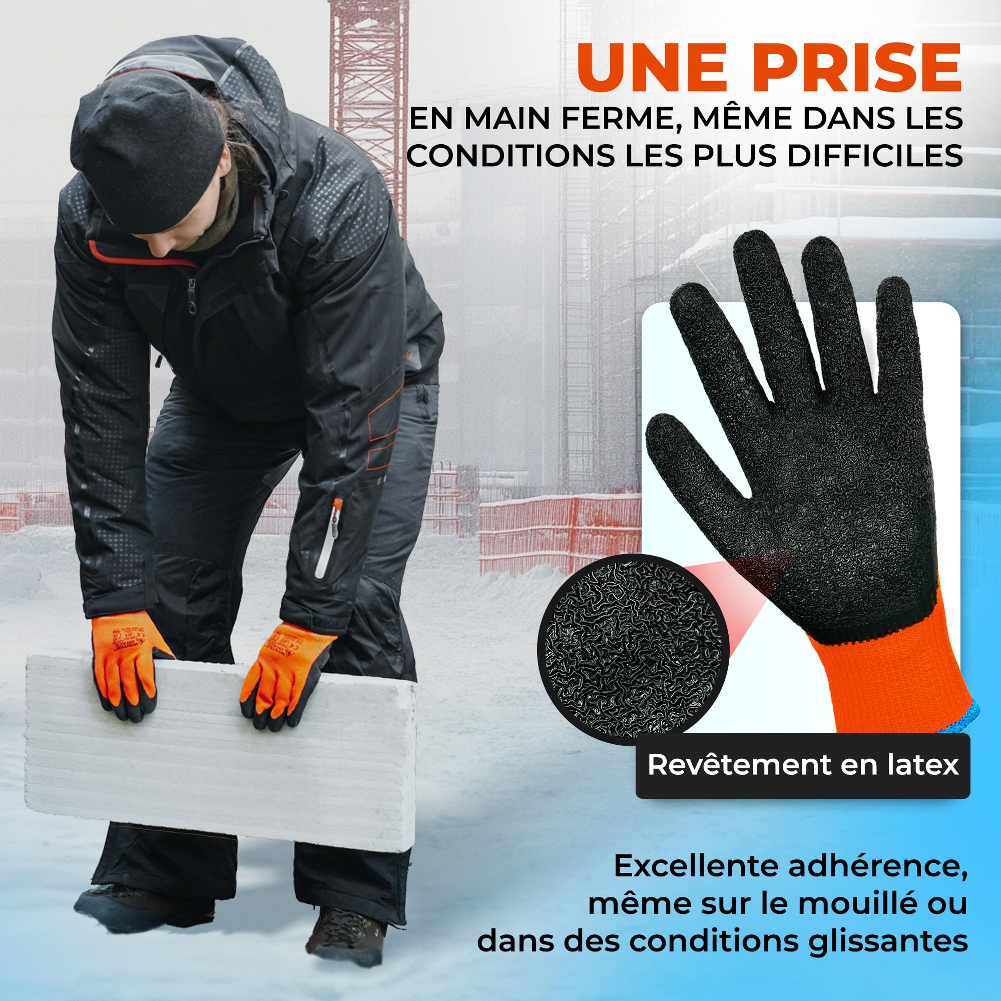 Gant Hiver Homme (48 Paires) Thermique Taille 10-XL | Gant Thermique Anti Froid avec Latex, Gants de Travail, Gants Hiver Homme Travail Anti Coupure